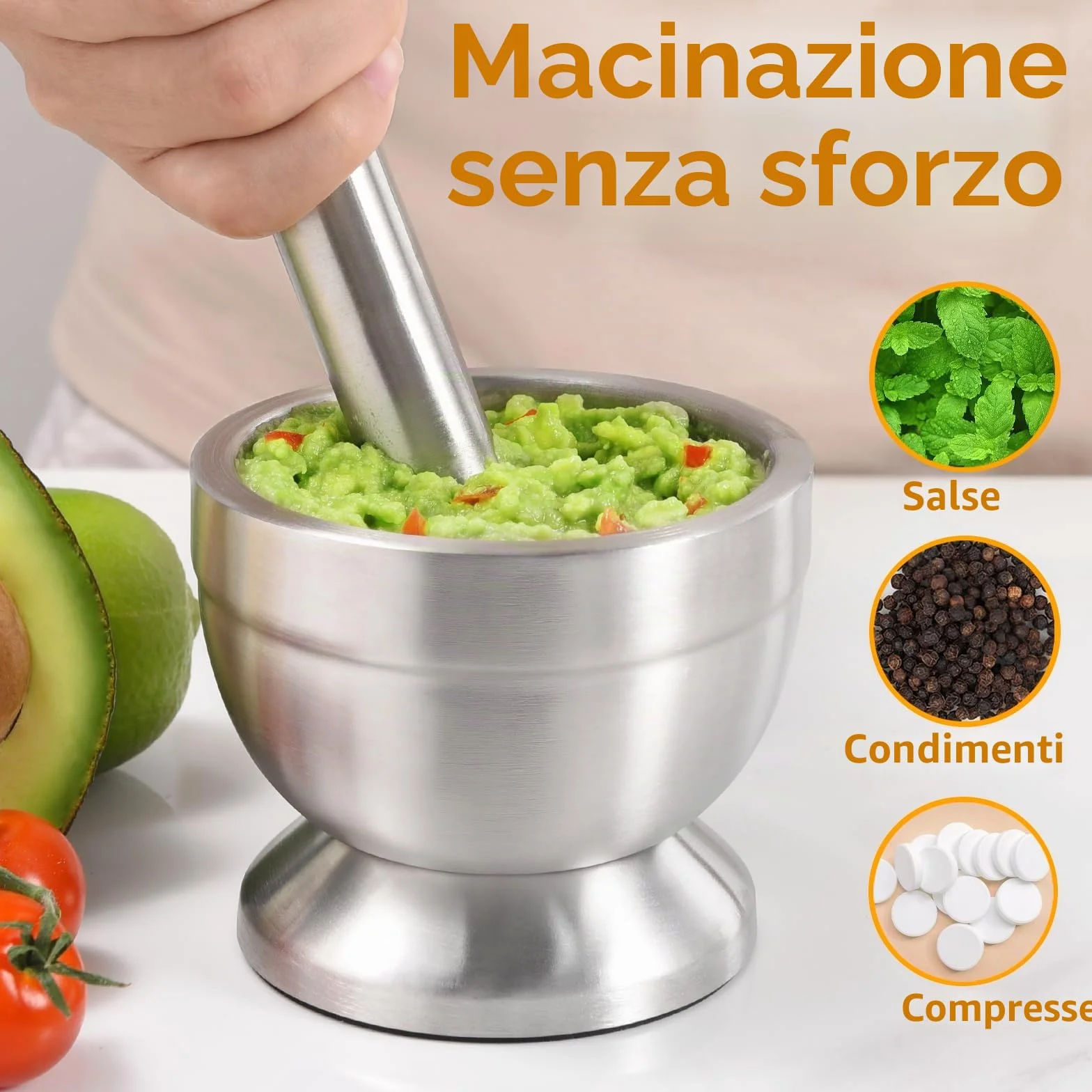 Sopito Mortaio con Pestello in Acciaio Inossidabile 18/8, Set Spezia Macinino Ciotola Erbe
