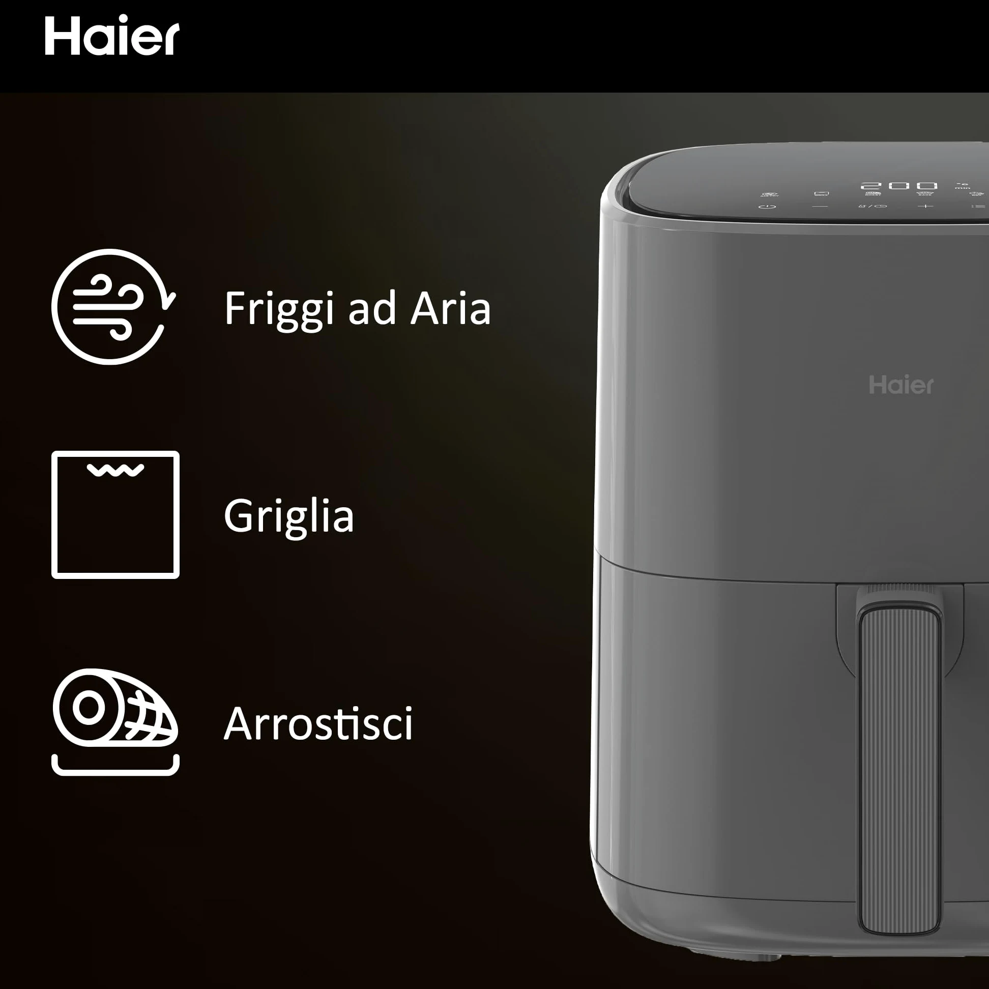 Haier Friggitrice ad aria I-Master, 6 in 1 con display touch, cuoci, arrostisci, griglia, scongela, capacità 5 litri per un massimo di 4 persone, [Nero]