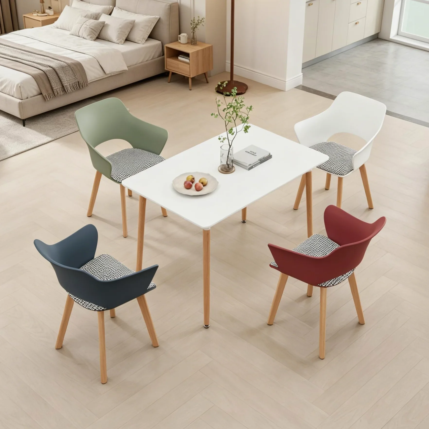 Set di 4 Sedie da Pranzo Scandinave, Sedia da Pranzo in Stile Nordico con Braccioli, Gambe in Faggio, Sedia da Cucina Imbottita in Plaid di Lino - Bianco+Rosso+Verde Chiaro+Blu