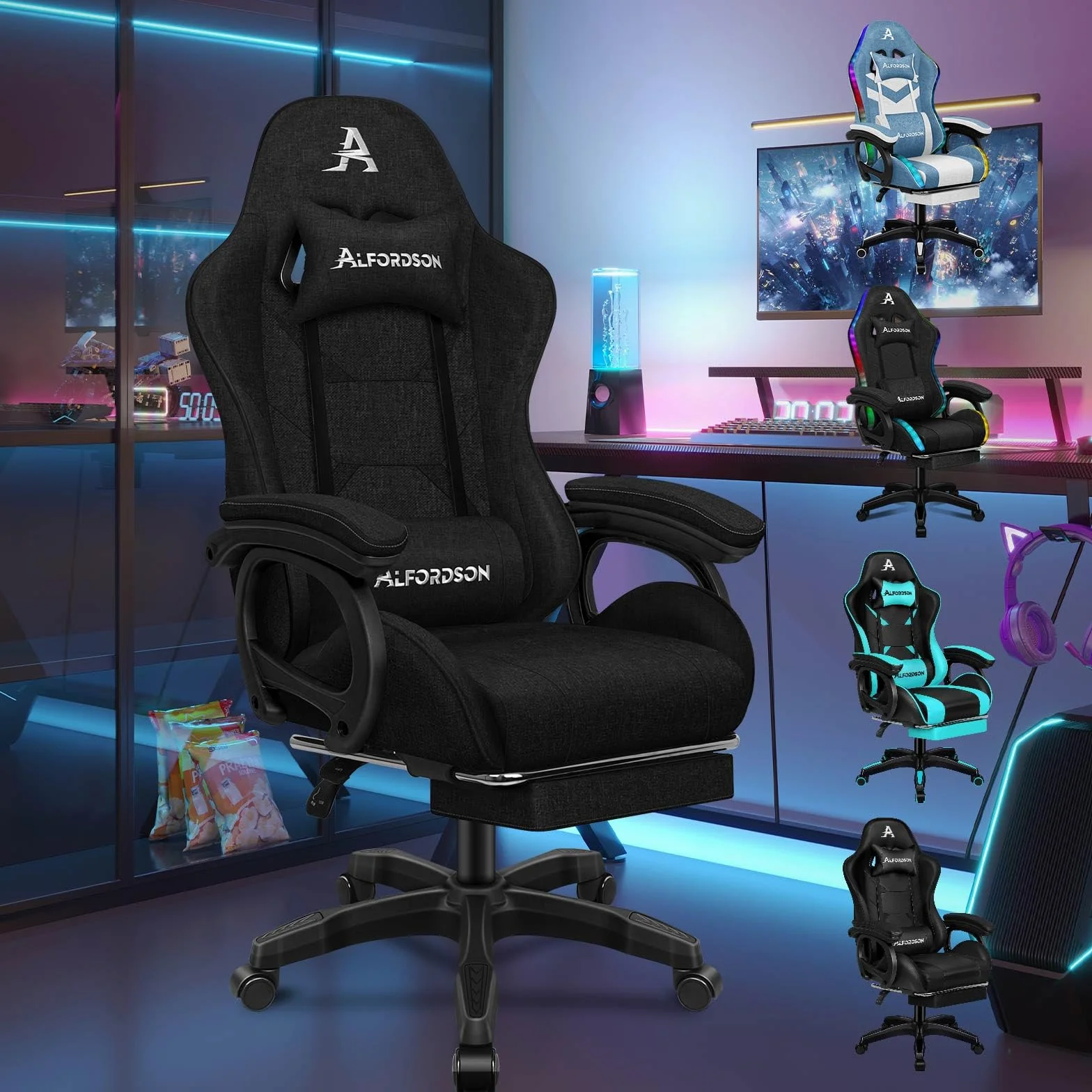 ALFORDSON Sedia da Gaming Massaggiante, Poggiapiedi Telescopico, Sedia Gamer con Cuscino Lombare & Poggiatesta, Ergonomico Sedie da Ufficio Schienale Regolabile 90-150°, Tessuto(Nera)