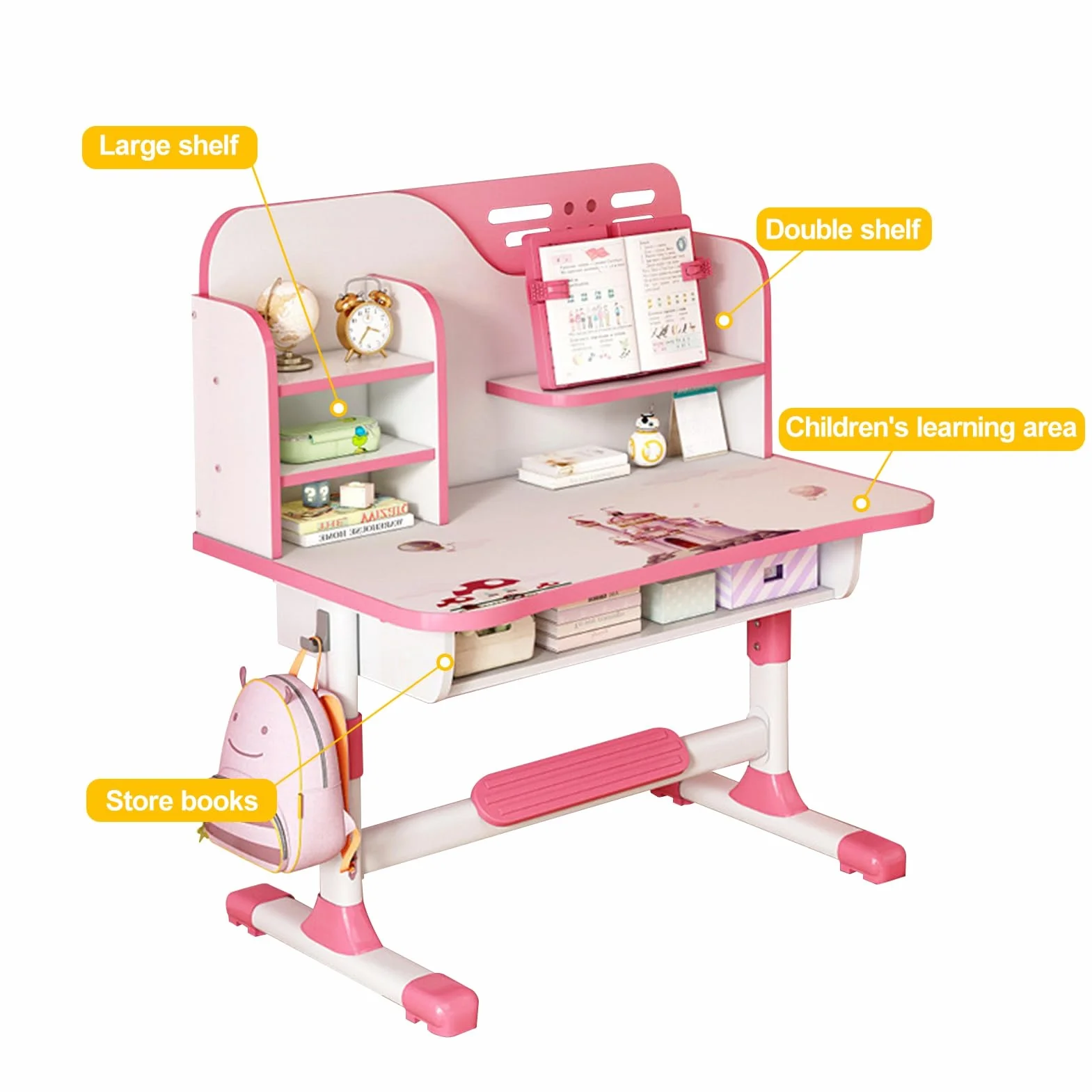 Set di scrivania e sedia per bambini, regolabile, per scuola, scrittura, compiti, studio, scrivania ergonomica con grande lavagna, libreria e cassetto, rosa