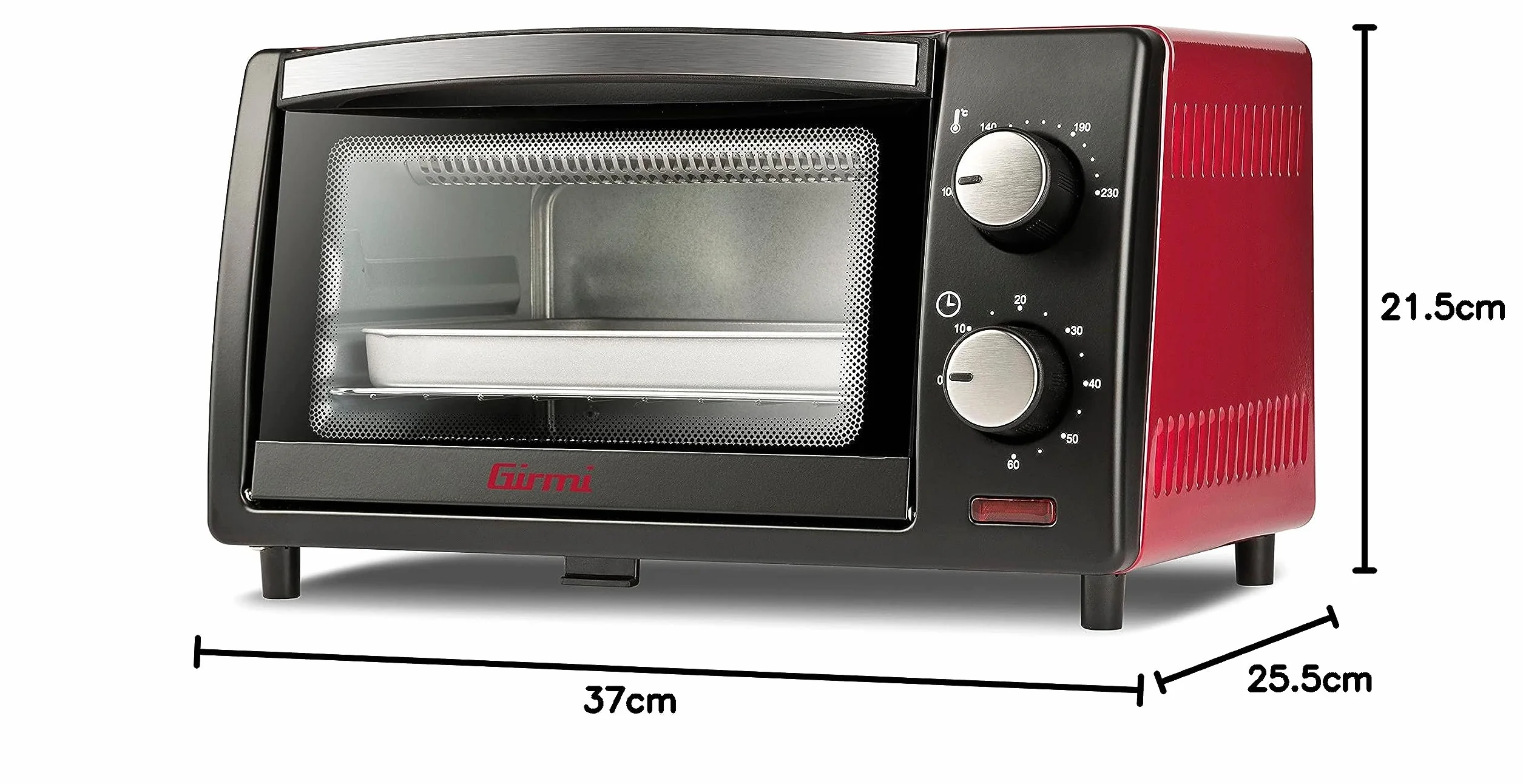 Girmi FE10 Forno Elettrico 800 W 10 Litri Griglia INOX Termostato Regolabile Timer 60 min Nero Rosso