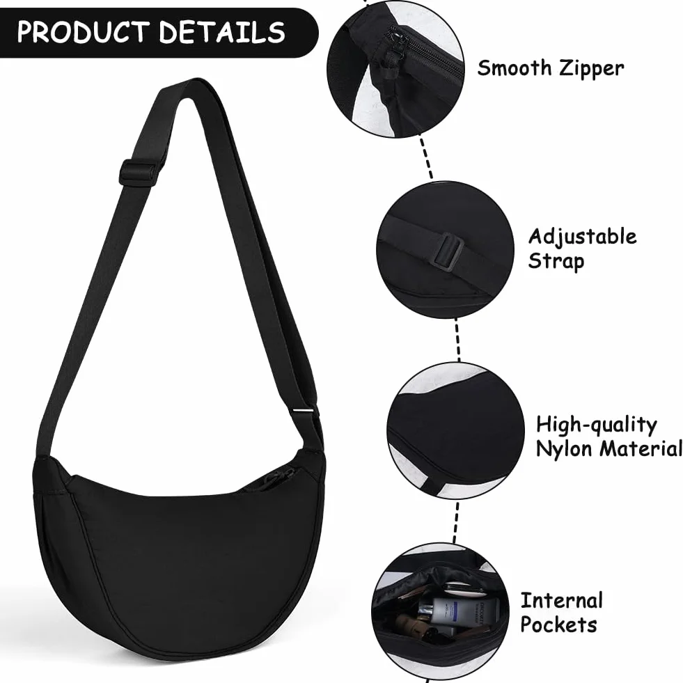 Borsa a Tracolla in Nylon Aucuu Donna a Mezzaluna con Tracolla Regolabile