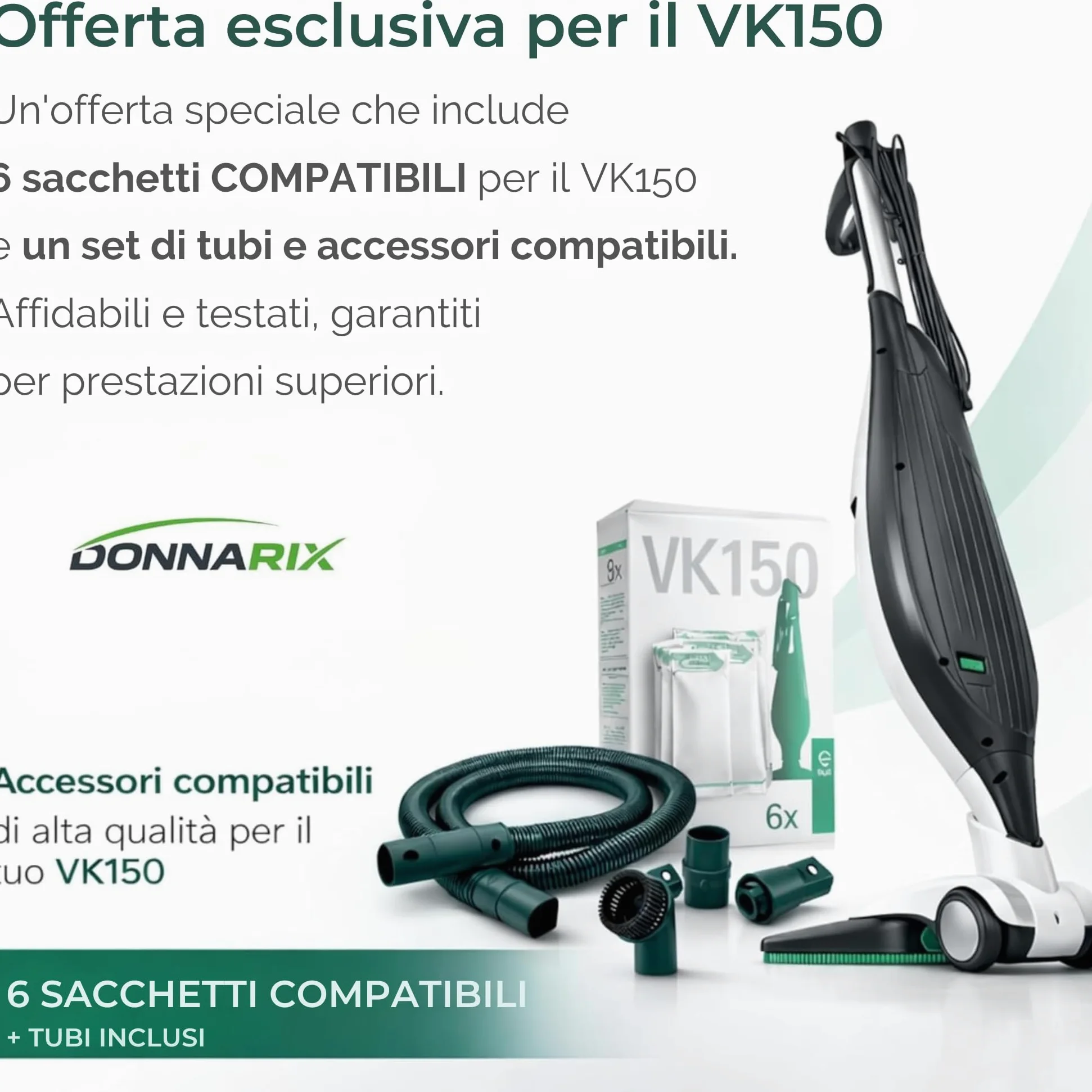 Aspirapolvere Folletto VK150 Nuovo con HD50 + 6 Sacchetti COMPATIBILI + Tubi Con Vari Accessori - Filtro Alta Capacità, Silenzioso, Casa Pulita e Aria Sana