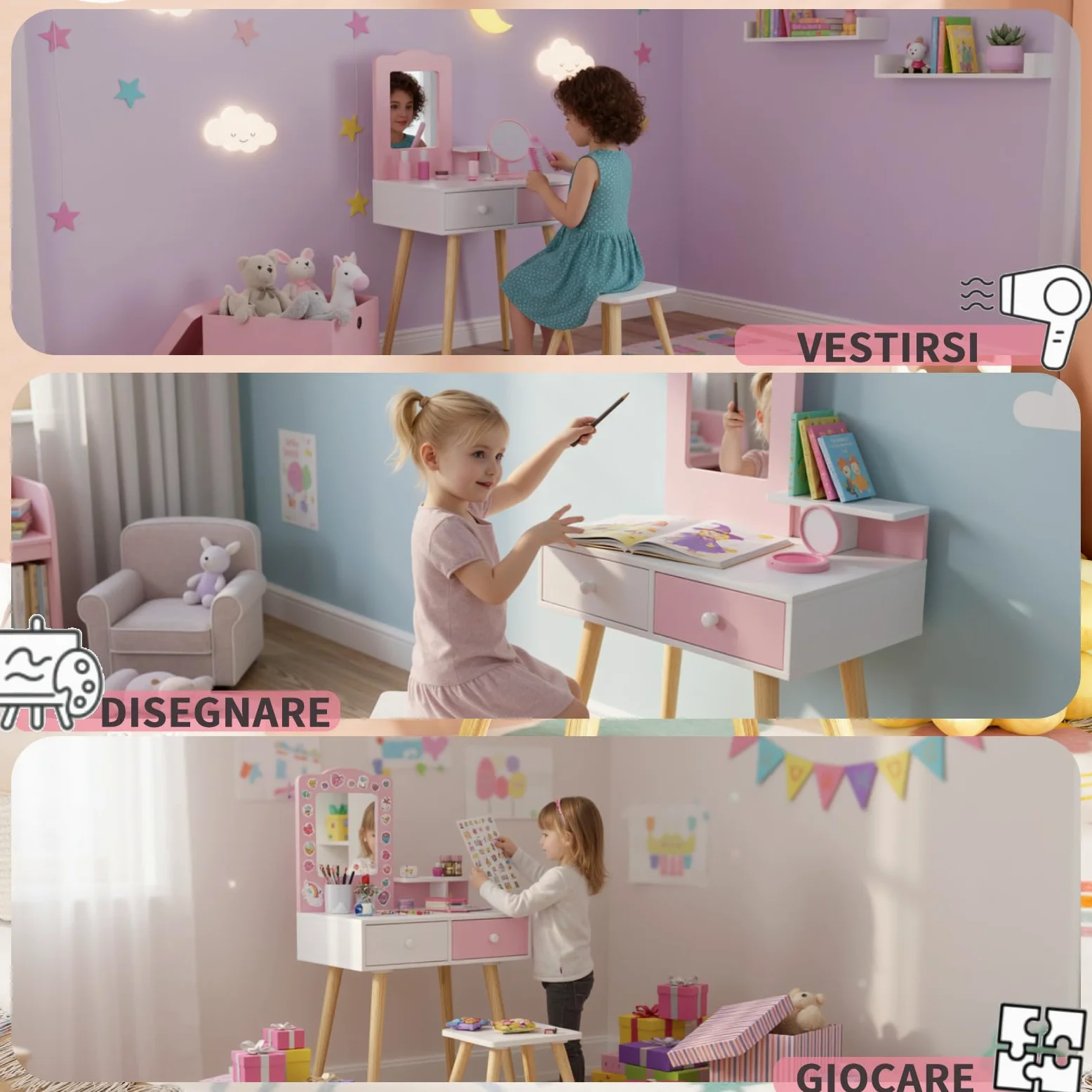 Clevich 2 in 1 Toeletta Trucco Bambina, Toeletta per Bambini con Specchio, 2 Cassetti, Scrivania in Legno con Sgabello, Robusto e Durevole, per Bambini dai 3-8 Anni, Rosa
