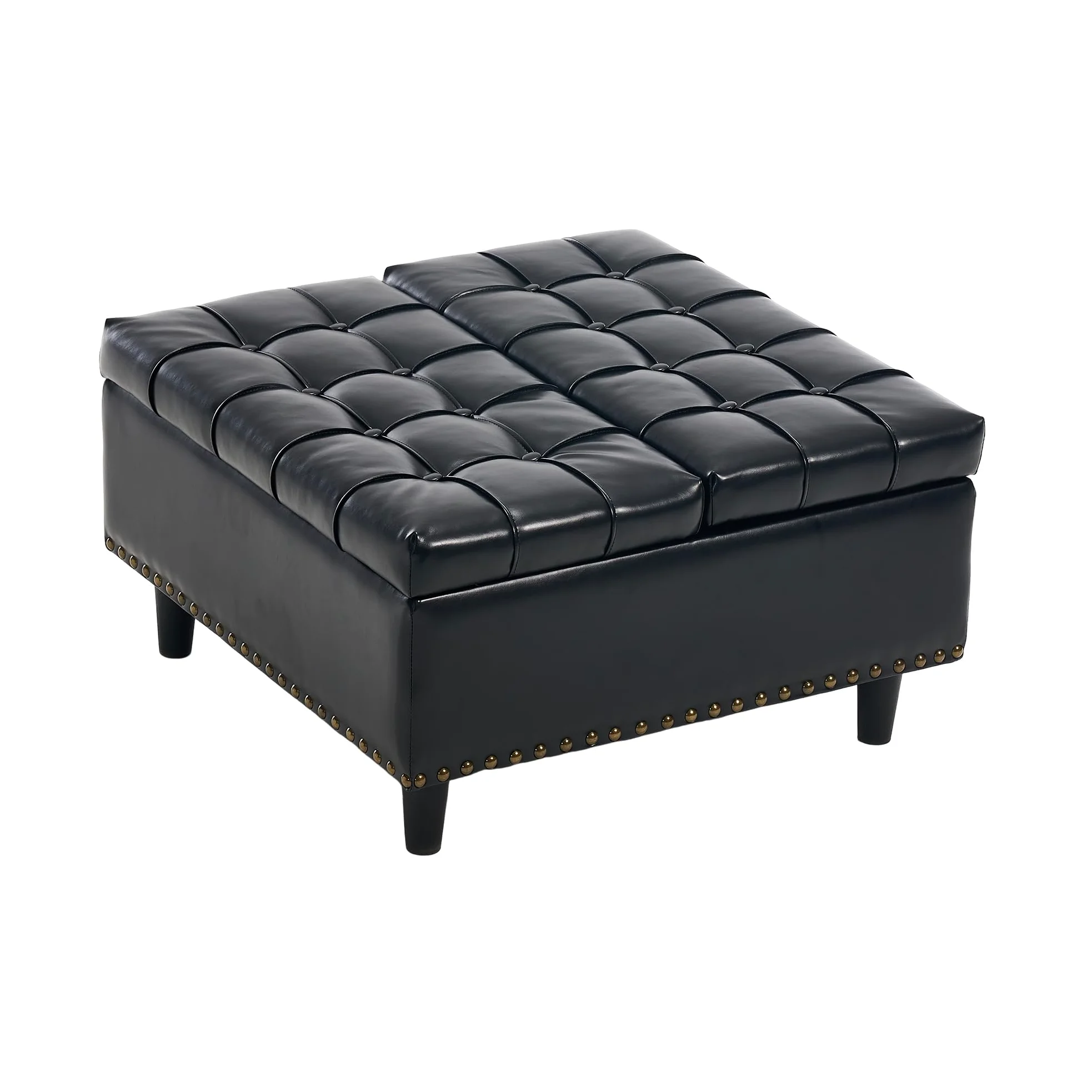 Sedia grande con vano portaoggetti quadrata, scatola imbottita, adatta per soggiorno, camera da letto, studio (nero PU)