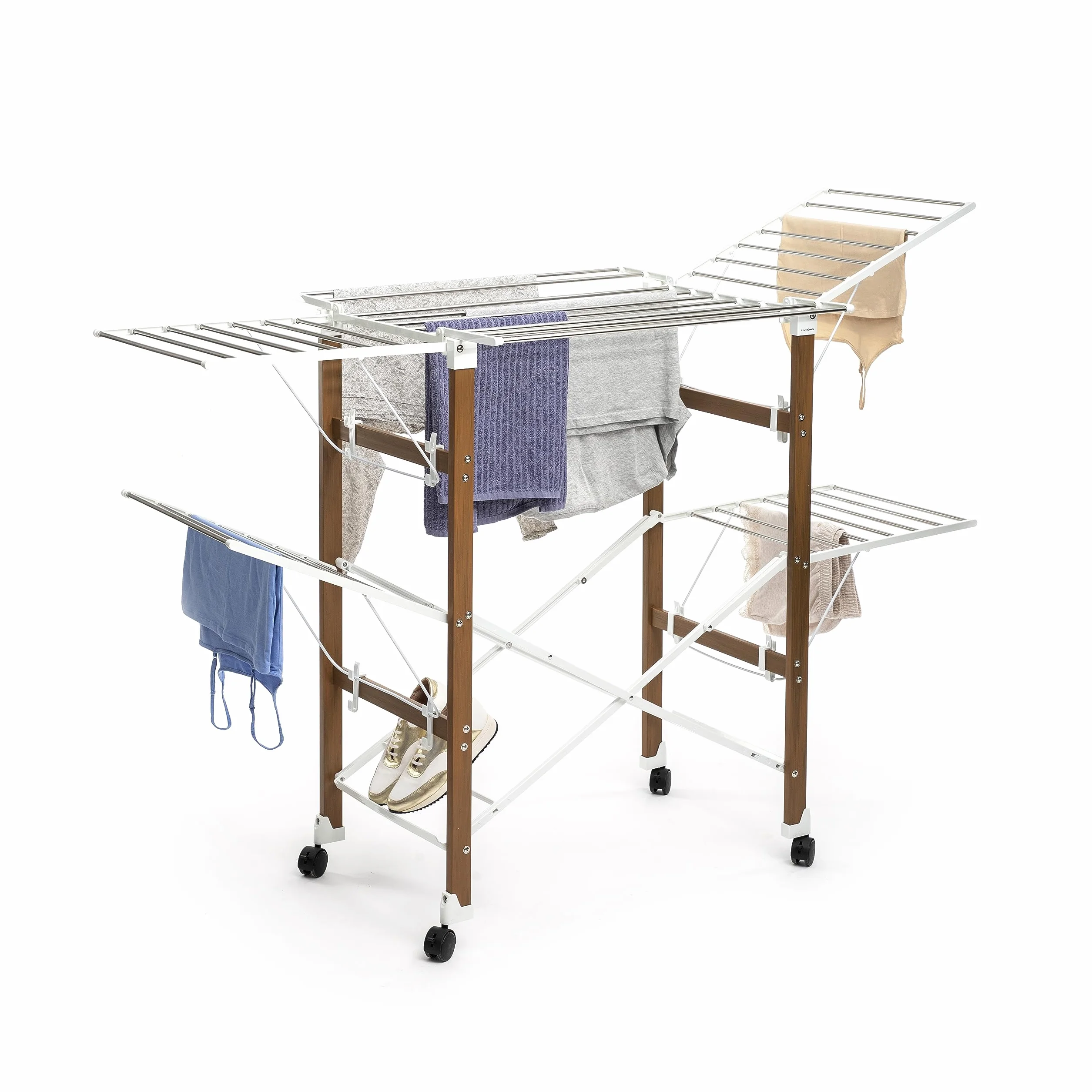 InnovaGoods Stendibiancheria Verticale Pieghevole - 38 Sbarre, Capacità Elevata, Salvaspazio, ABS/Acciaio Inox, Supporto Scarpe, Ruote con Blocco, Bianco