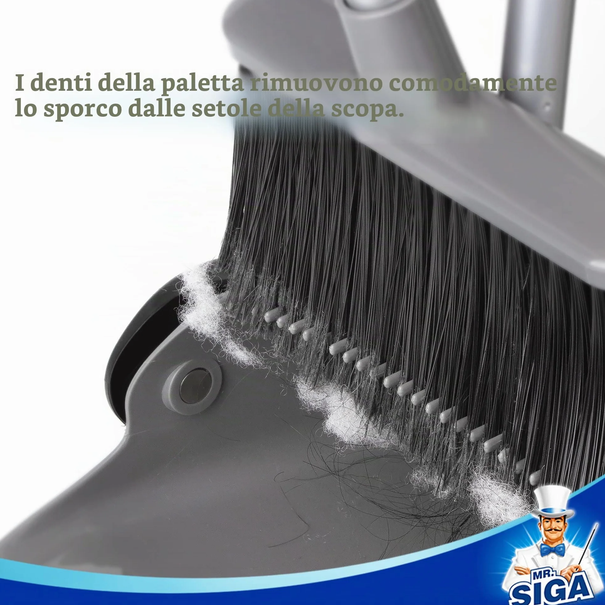 MR.SIGA Set scopa e paletta a manico lungo, spazzola verticale e paletta combinata per la pulizia dei pavimenti, grigio