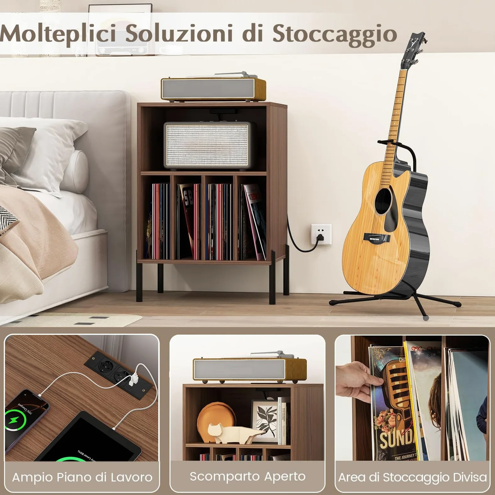 RELAX4LIFE Supporto per Giradischi con Stazione di Ricarica, Porta Vinili con 5 Scomparti e Gambe in Metallo, Scaffale per Dischi in Vinile per Soggiorno, Camera da Letto (Noce)
