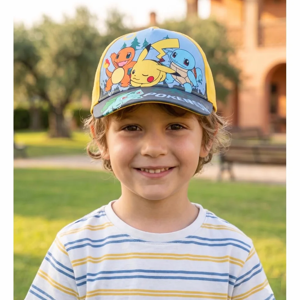 Pokémon Cappellino Bambino Visiera Regolabile Giallo Pikachu Charmander Squirtle Bulbasaur 100% Cotone