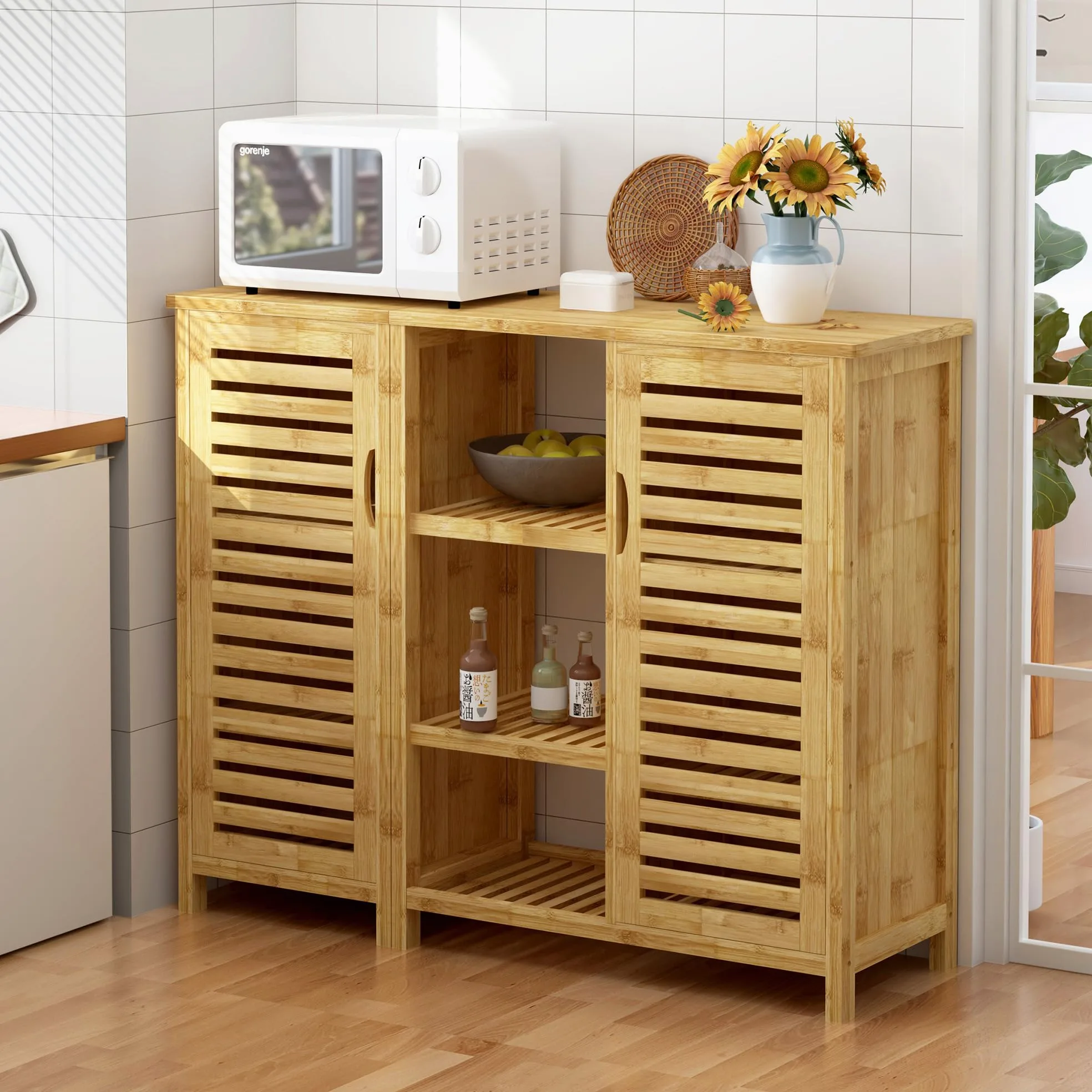 SogesPower Armadietto Portaoggetti da Bagno in Bambù Credenza Autoportante per Soggiorno, Cucina, Ufficio Domestico
