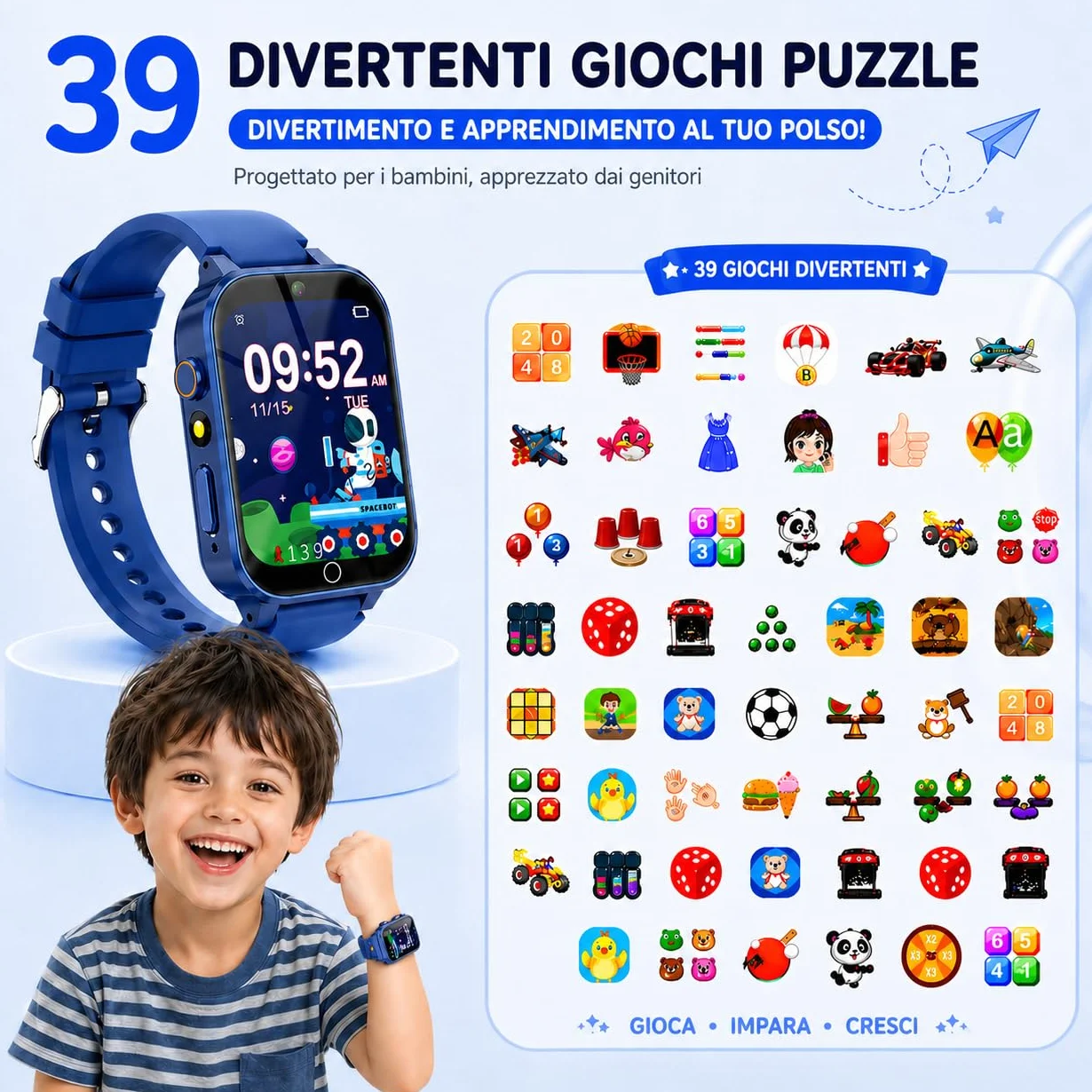 Smartwatch Bambini 39 Giochi Contapassi Fotocamera Torcia Sveglia Educativo Regalo Scheda SD Integrata