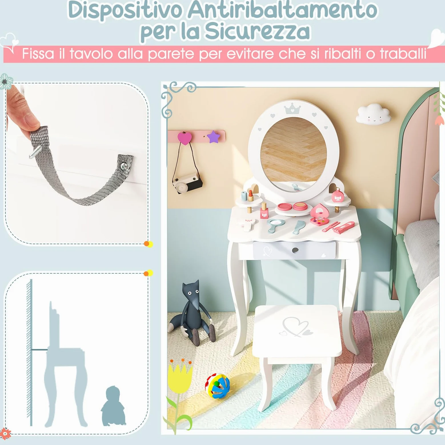 COSTWAY Toeletta Trucco 2 in 1 per Bambina, Specchiera Staccabile per Ragazza in Legno con Sgabello, Cassetto, Ripiani e Giocattoli, Postazione Trucco per 3 Anni, 50 x 34 x 93 cm, Bianco