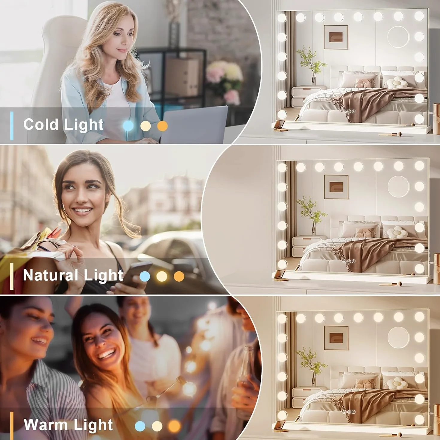 80x60cm Specchio da Trucco Hollywood con Luci a 18 Led Montato a Parete o sul Tavolo, 3 Colori di Luce e Funzione di Luminosità Regolabile