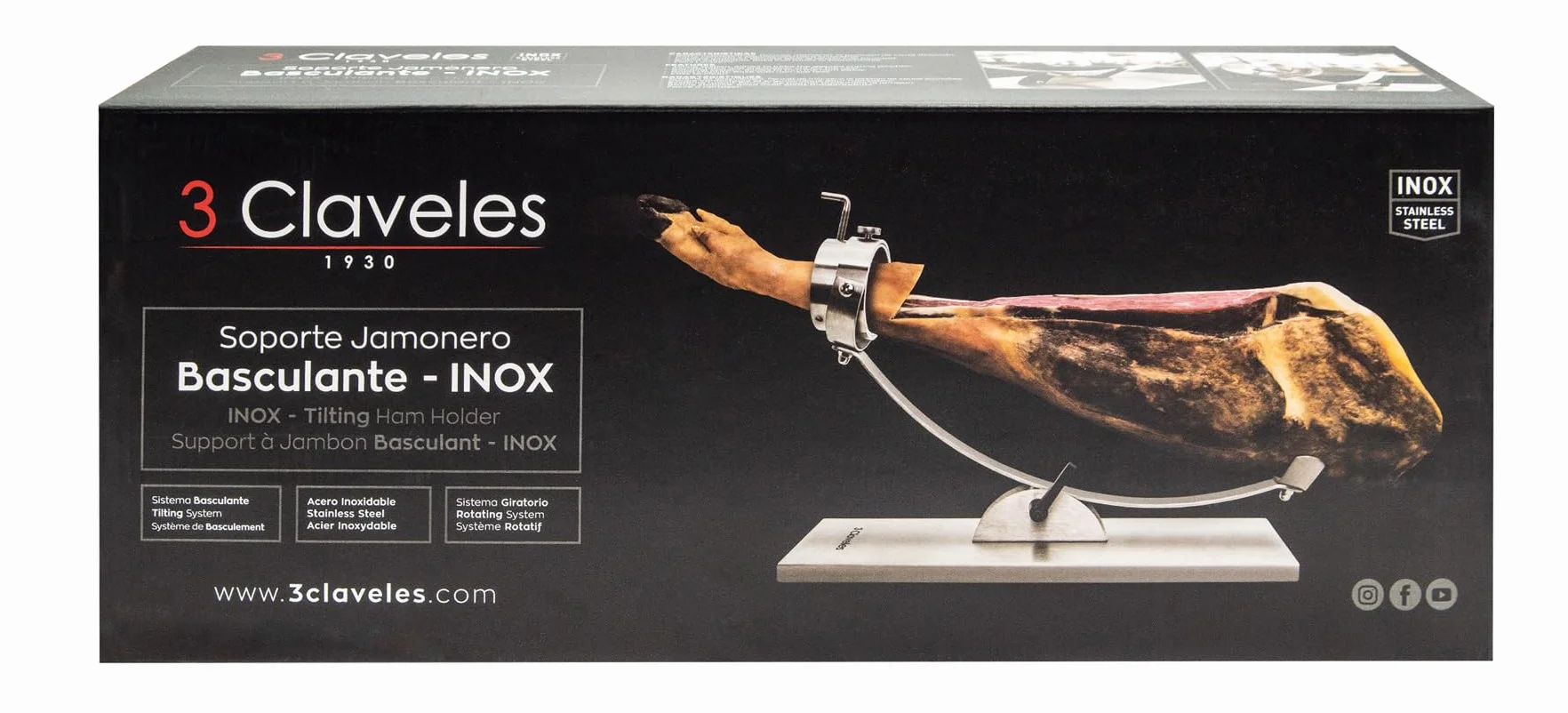 Supporto per prosciutto in Acciaio Inox, Base 50 x 18 cm, Testa Girevole, Fissaggio a V con spiedino, Design Professionale, Stabile e Facile da Pulire, Ideale per prosciutti di Qualsiasi Dimensione