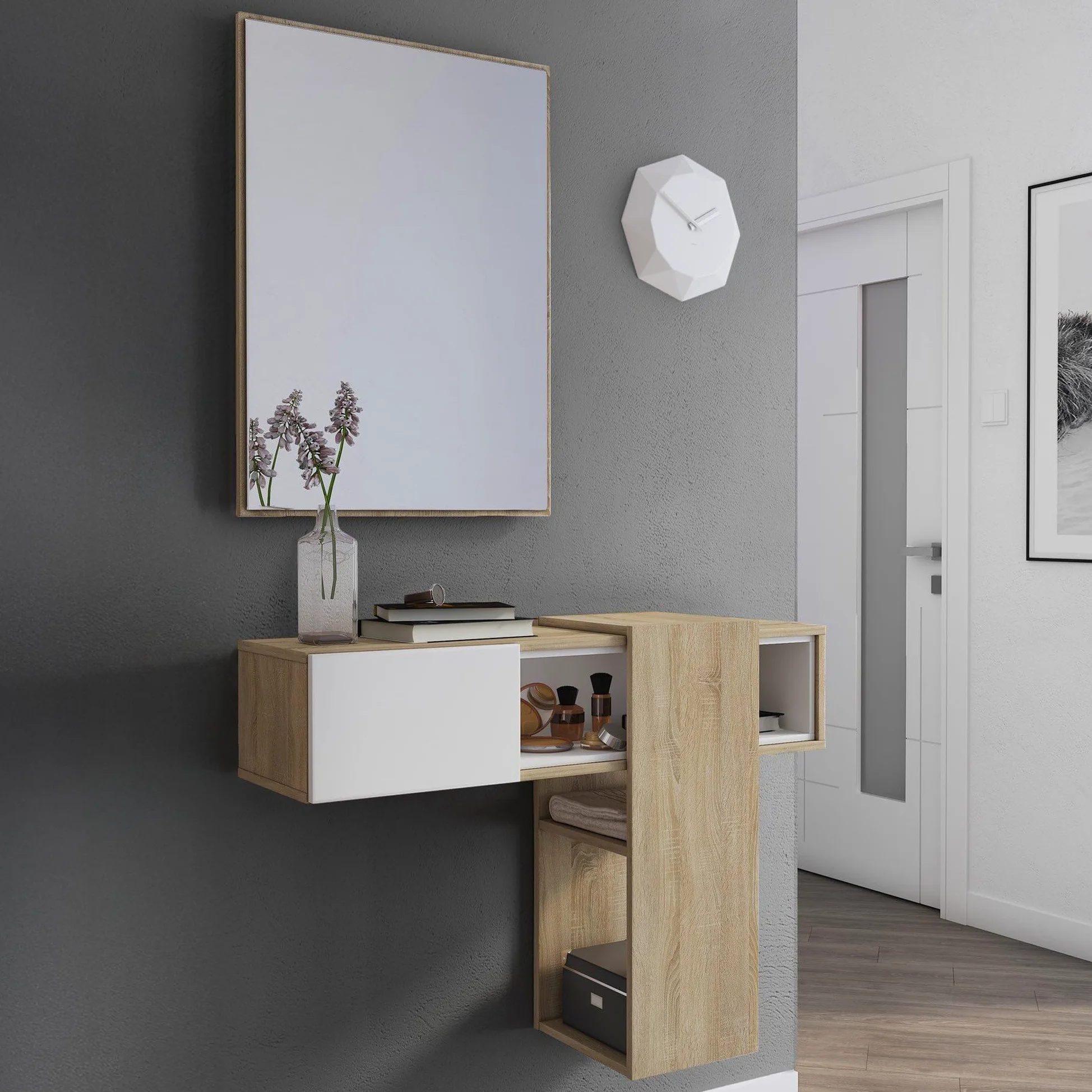 Dmora - Mobile da ingresso Baffin, Entratina appendiabiti, Composizione per atrio, Consolle portaoggetti multifunzione, 100x31h75 cm, Rovere e Bianco