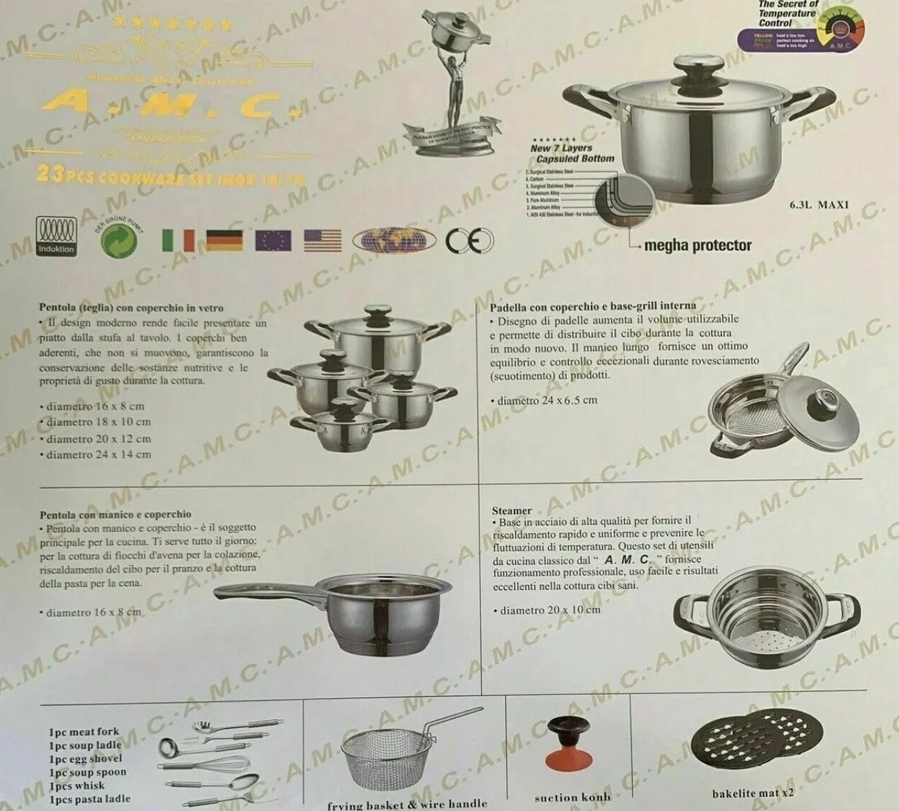 A.M.C. Set di pentole da 23 pezzi, in acciaio inox, a induzione, antiaderente