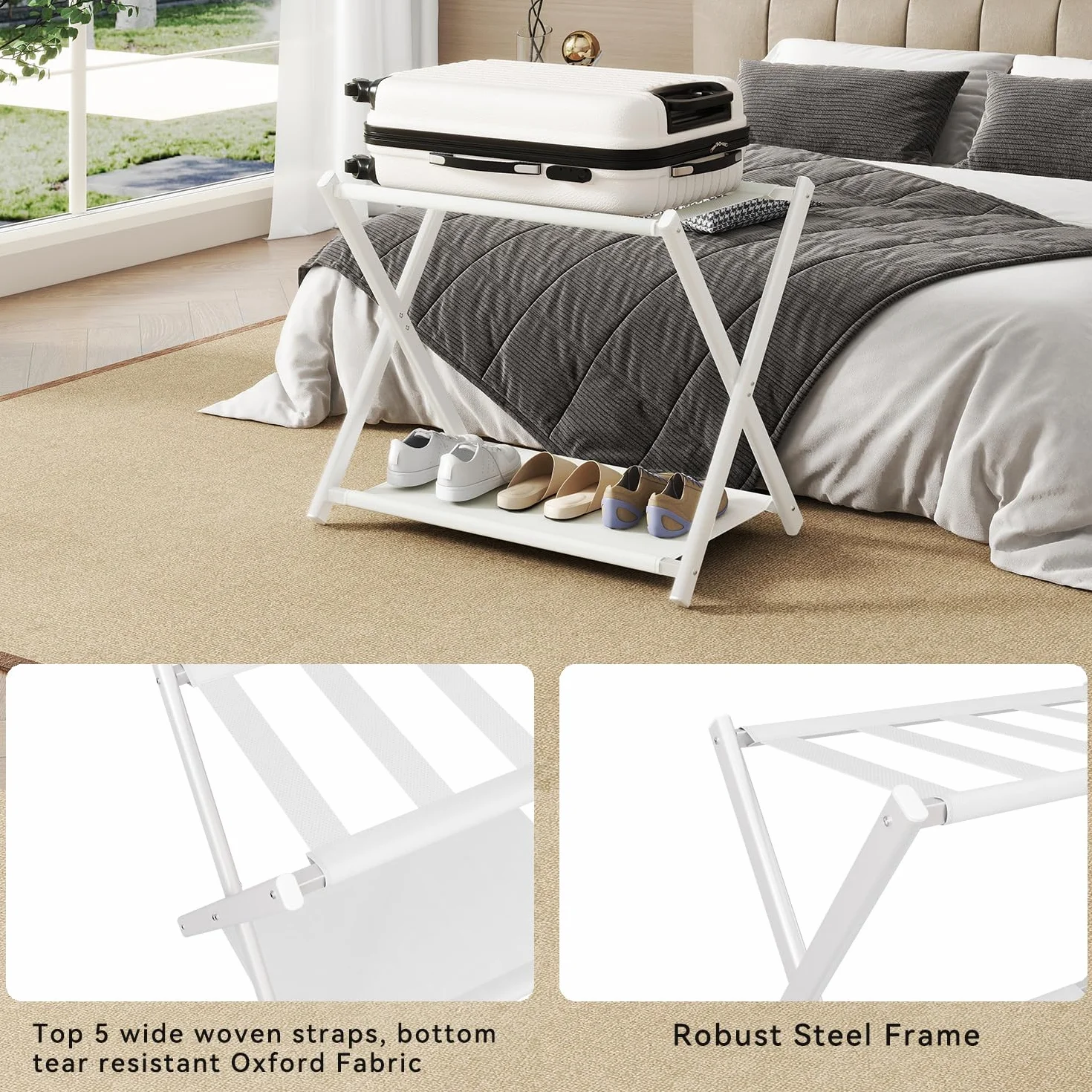 IBUYKE Luggage Rack Foldable Suitcase Stand with Storage Shelf White