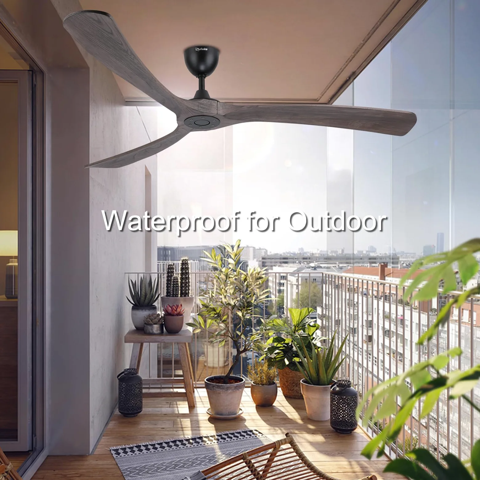 Ovlaim Ventilatore da soffitto con telecomando ali in legno, 6 velocità, IP44 impermeabile per esterno balcone, a risparmio energetico, motore DC super silenzioso, 183 cm, marrone e nero