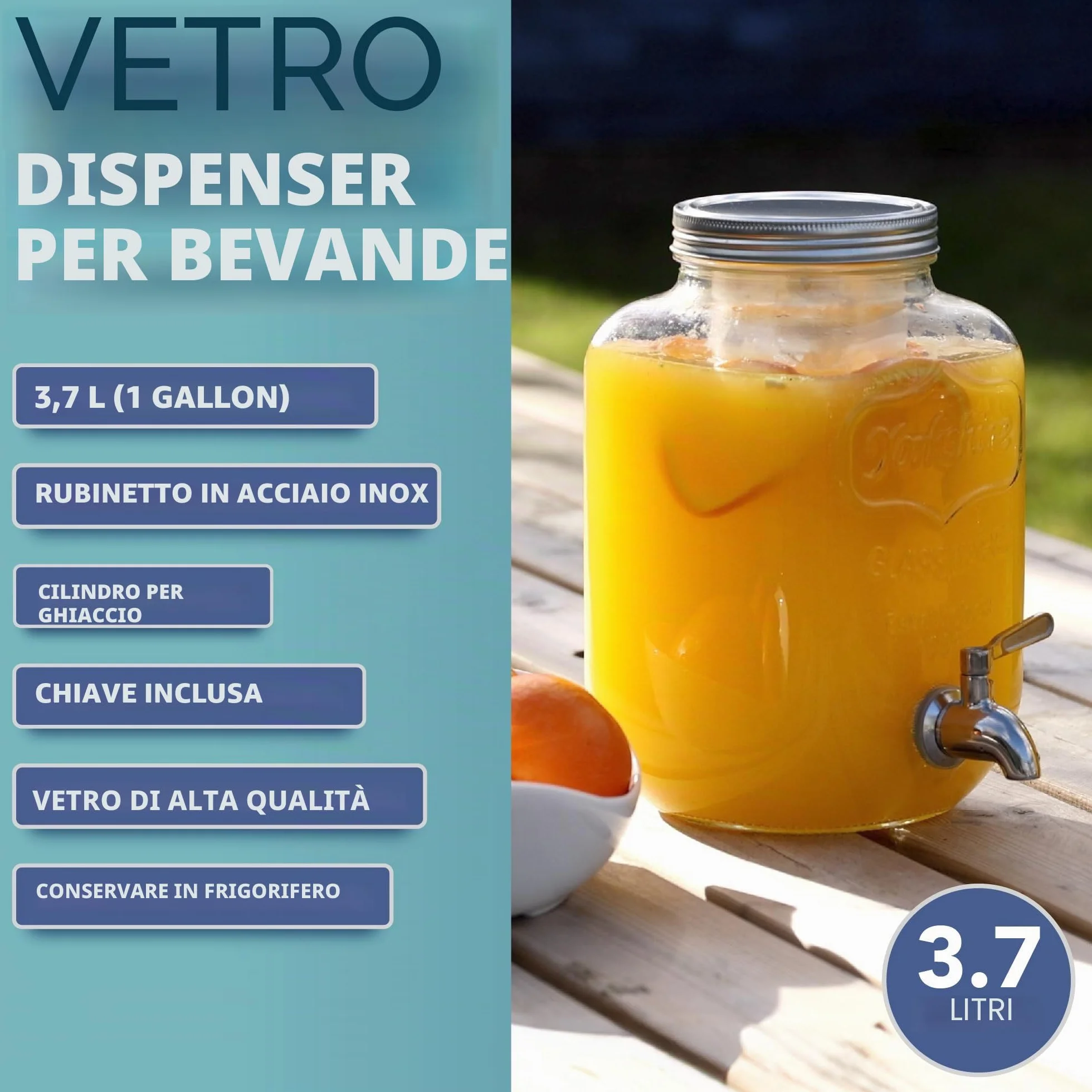 HEFTMAN Distributore bevande vetro 3,7 litri rubinetto acciaio inox a prova di perdite cilindro ghiaccio