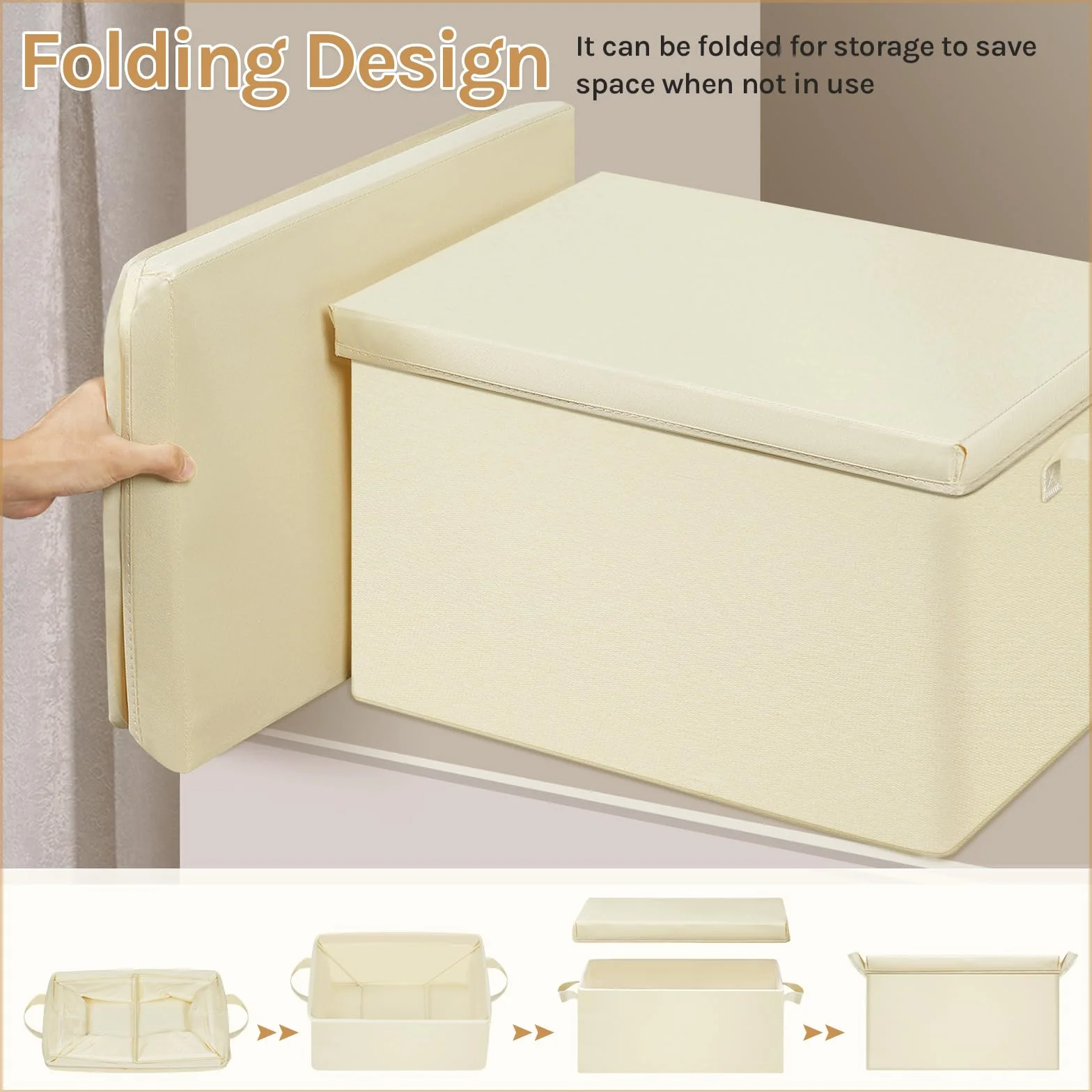 WOLTU Scatola Portaoggetti Pieghevole, Set di 3 Ceste in Tessuto, Cubo Portaoggetti, 38x20x27 cm, Crema