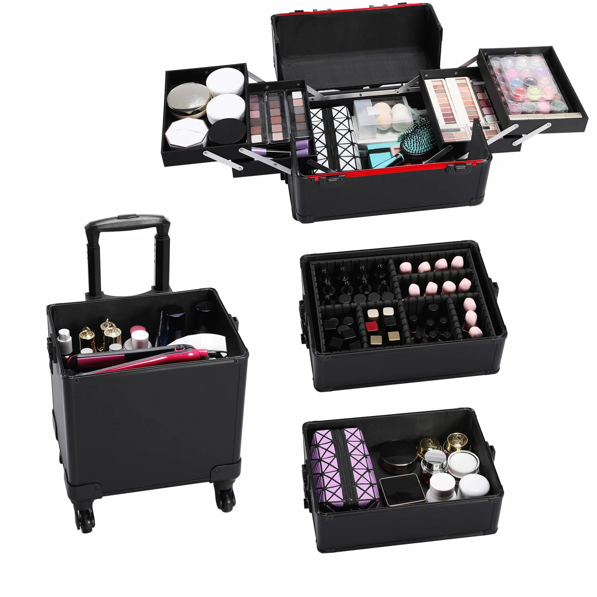 Yaheetech 4 in 1 Valigia Trolley Make Up da Trucco Beauty Case Professionale Grande Porta Trucchi per Estetista Parrucchiere da Viaggio Nero