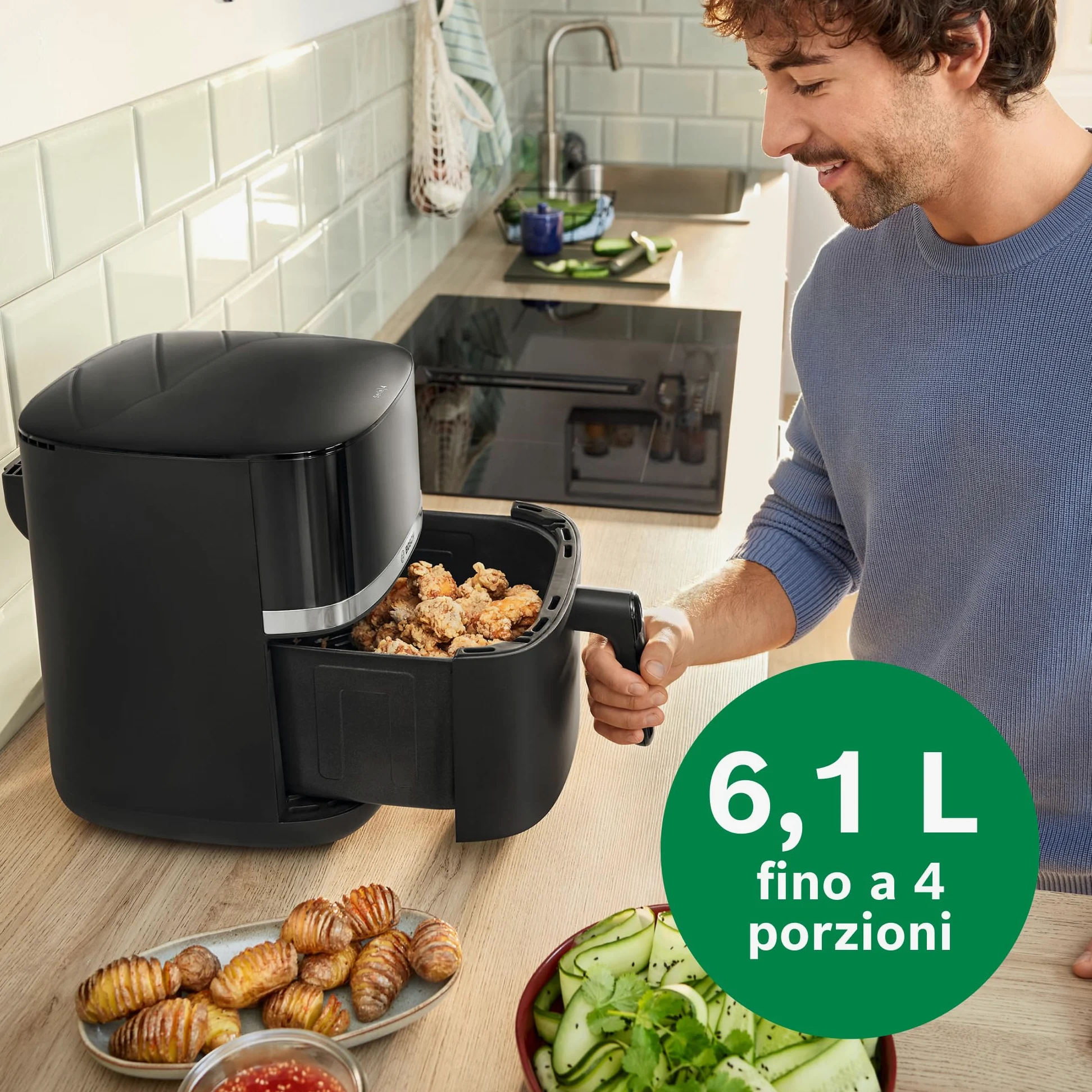 Bosch Serie 4 Friggitrice ad Aria MAF462B0, Air Fryer 6,1 L, 7 Programmi, Doppia Resistenza, Funzioni Defrost e Mantenimento in Caldo, Touchscreen, Cottura fino al 60%* Più Veloce, Nero
