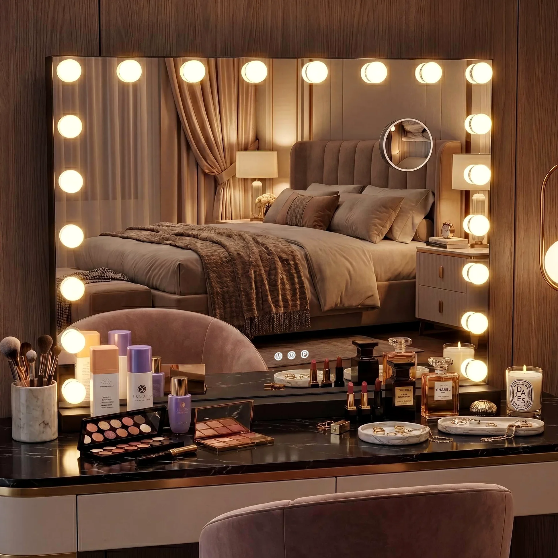 CLP Specchio Trucco Norlina 80x60 cm con Luci LED Dimmerabili, 3 Modalita di Illuminazione e USB. Specchio Hollywood da Parete o da Tavolo, Colore:nero