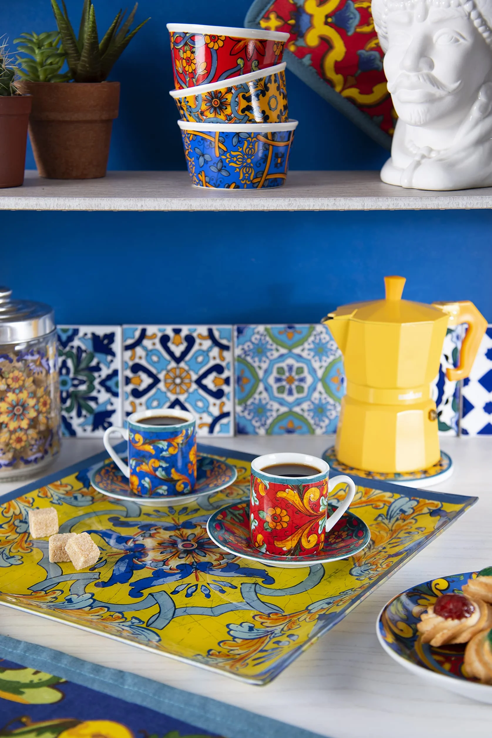 Excelsa Porcellana Trinacria Set 6 tazzine da caffè con piattino multicolore