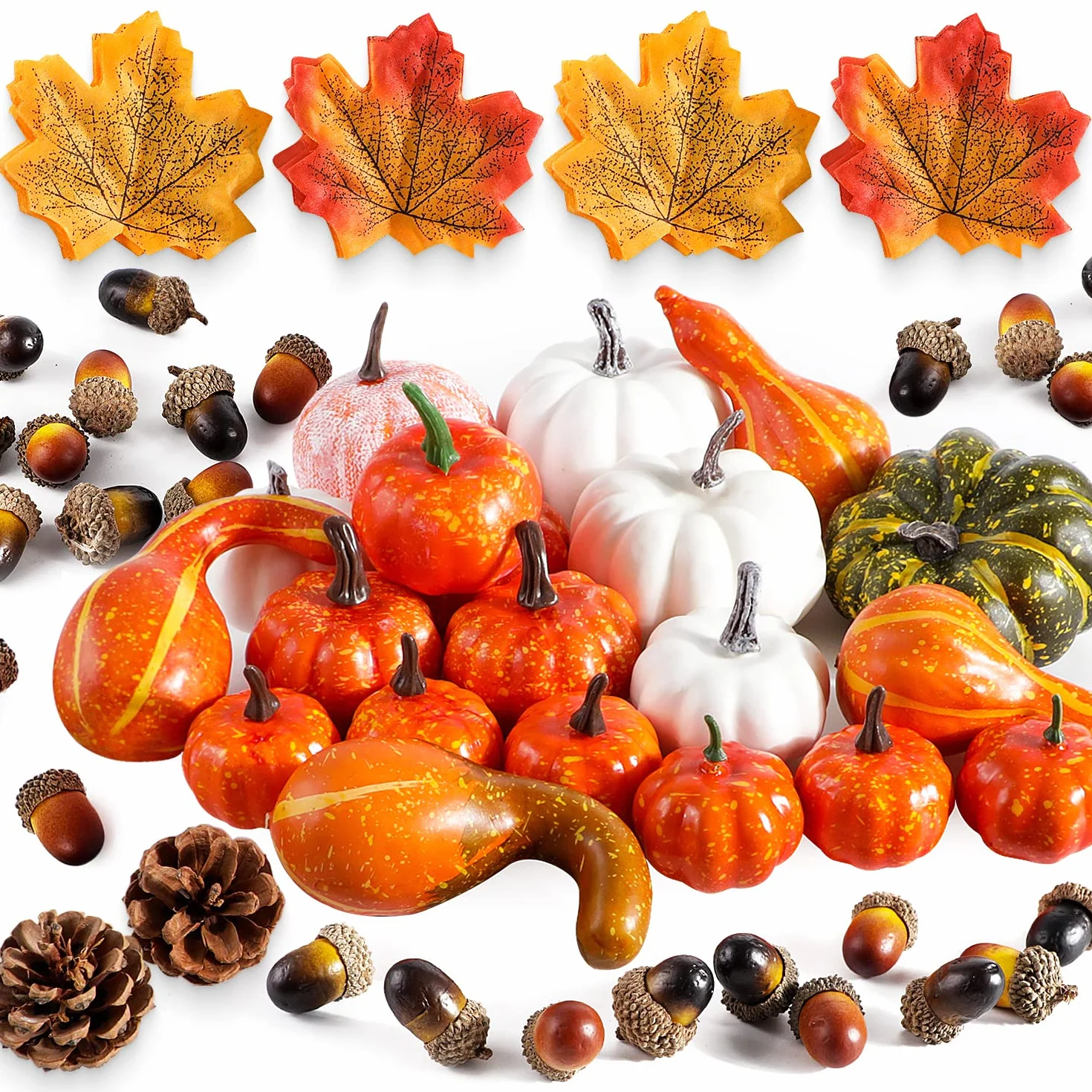 Benjia 102 Pezzi Set Decorazioni Zucche Autunno Artificiali Foglie Acero Pigne Ghiande Halloween Ringraziamento