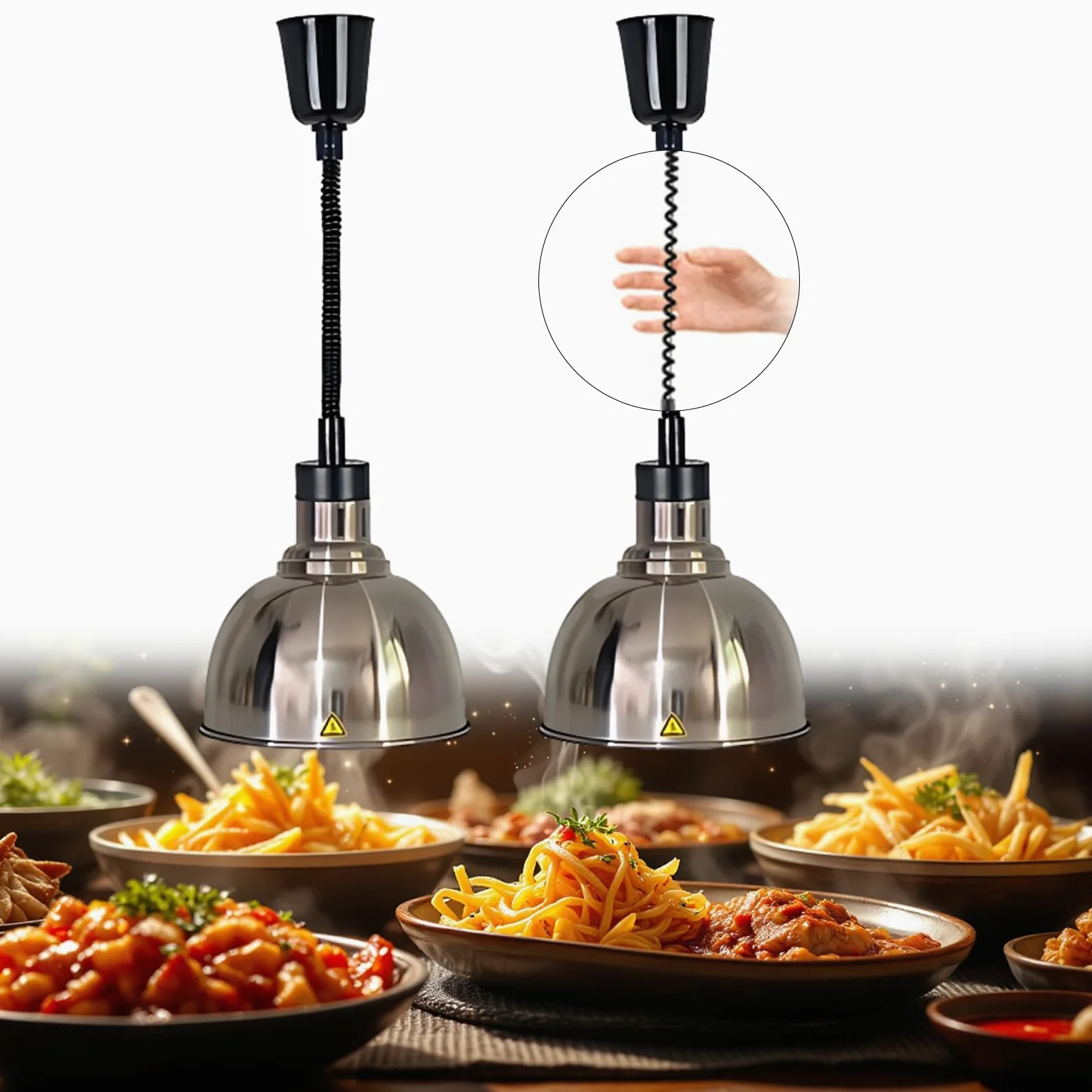 Lampada Riscaldante Cucina, 250W Lampada Riscaldante per Alimenti Regolabile, Lampada Scaldavivande Ristorante Sospeso 19 cm/25 cm per Ristoranti, Hotel (Acciaio inossidabile-25cm,2 Pezzi)