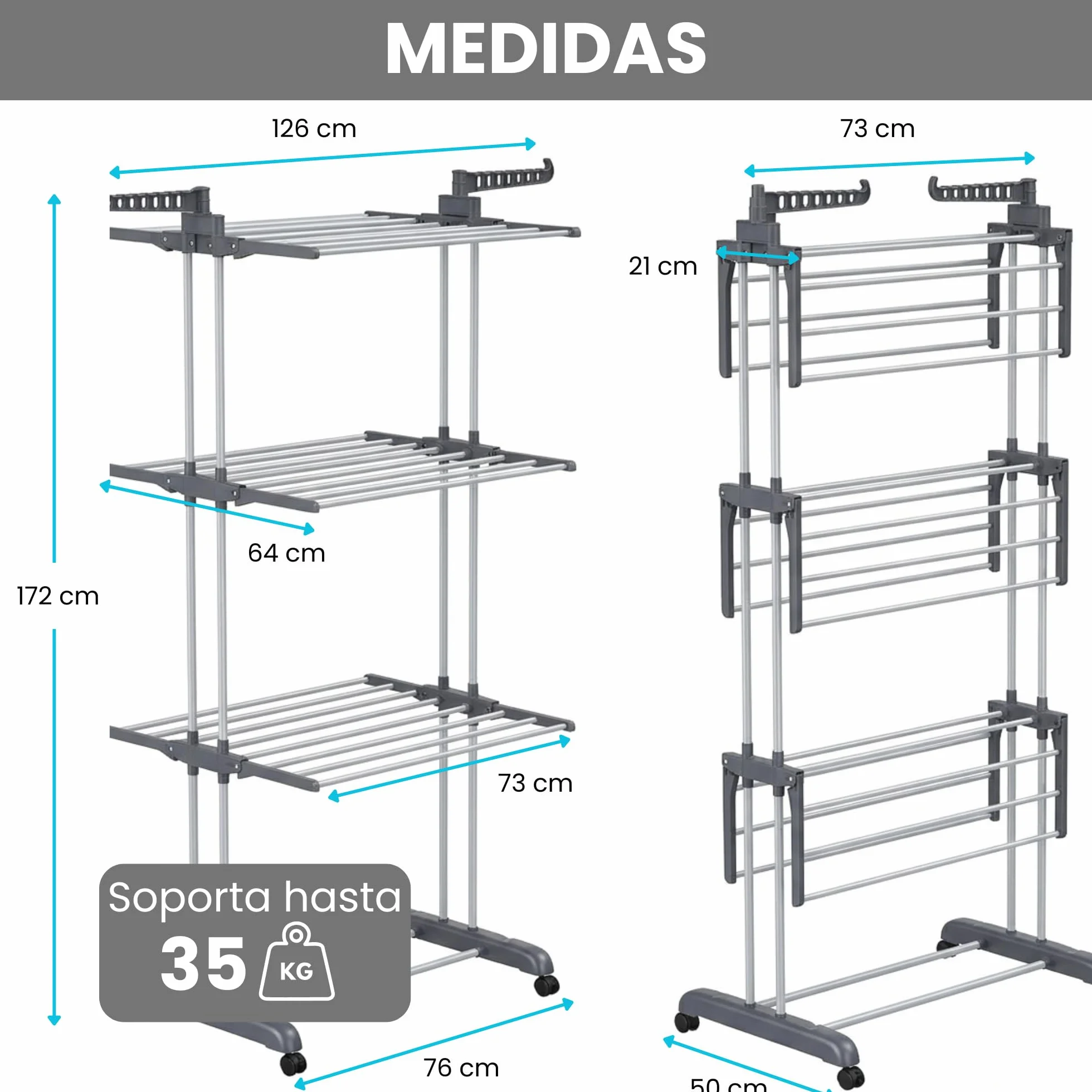 edihome, Stendino Verticale, Stendibiancheria Pieghevole 4 Livelli Con Ali Laterali, 35 Kg Acciaio Inox Con Ruote Salvaspazio Per Interno Ed Esterno (Grigio)