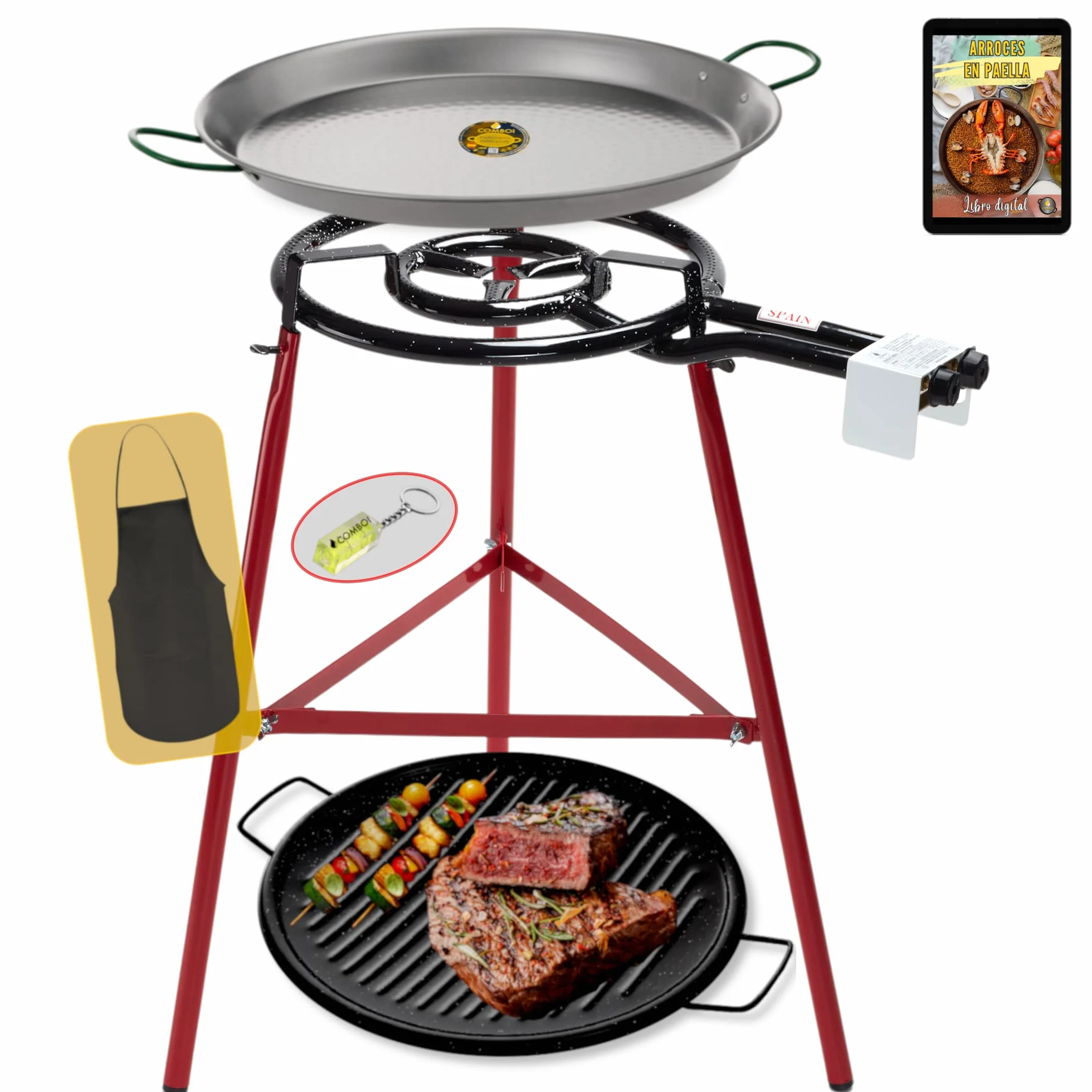 Comboi - Kit per paella a gas butano da 40 cm con 2 fuochi, paellera da 46 cm + grill da 46 cm, supporto con gambe rinforzate, livella, grembiule, libro di ricette digitali.