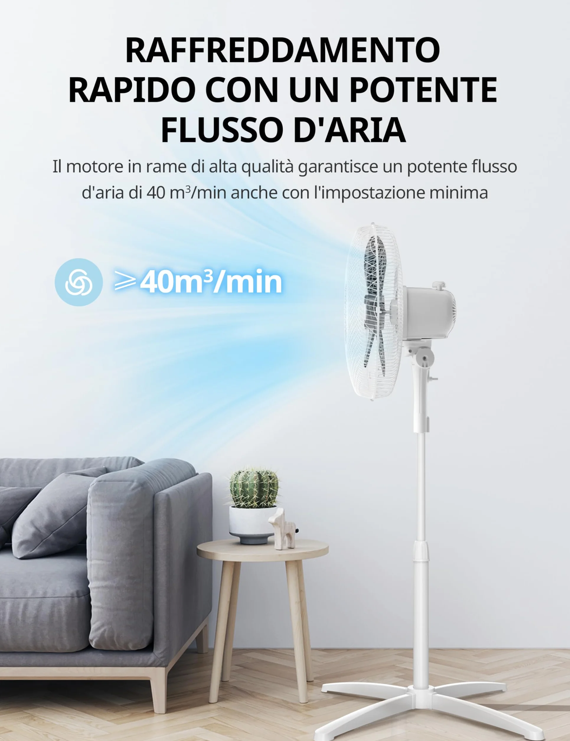 COMFEE' CFS40PW00A2 40W Ventilatore a Piantana, 3 Velocità Regolabili, Oscillazione 90°, Altezza Regolabile, Flusso d'Aria Potente e Funzionamento Silenzioso, Ideale per Casa e Ufficio, Bianco