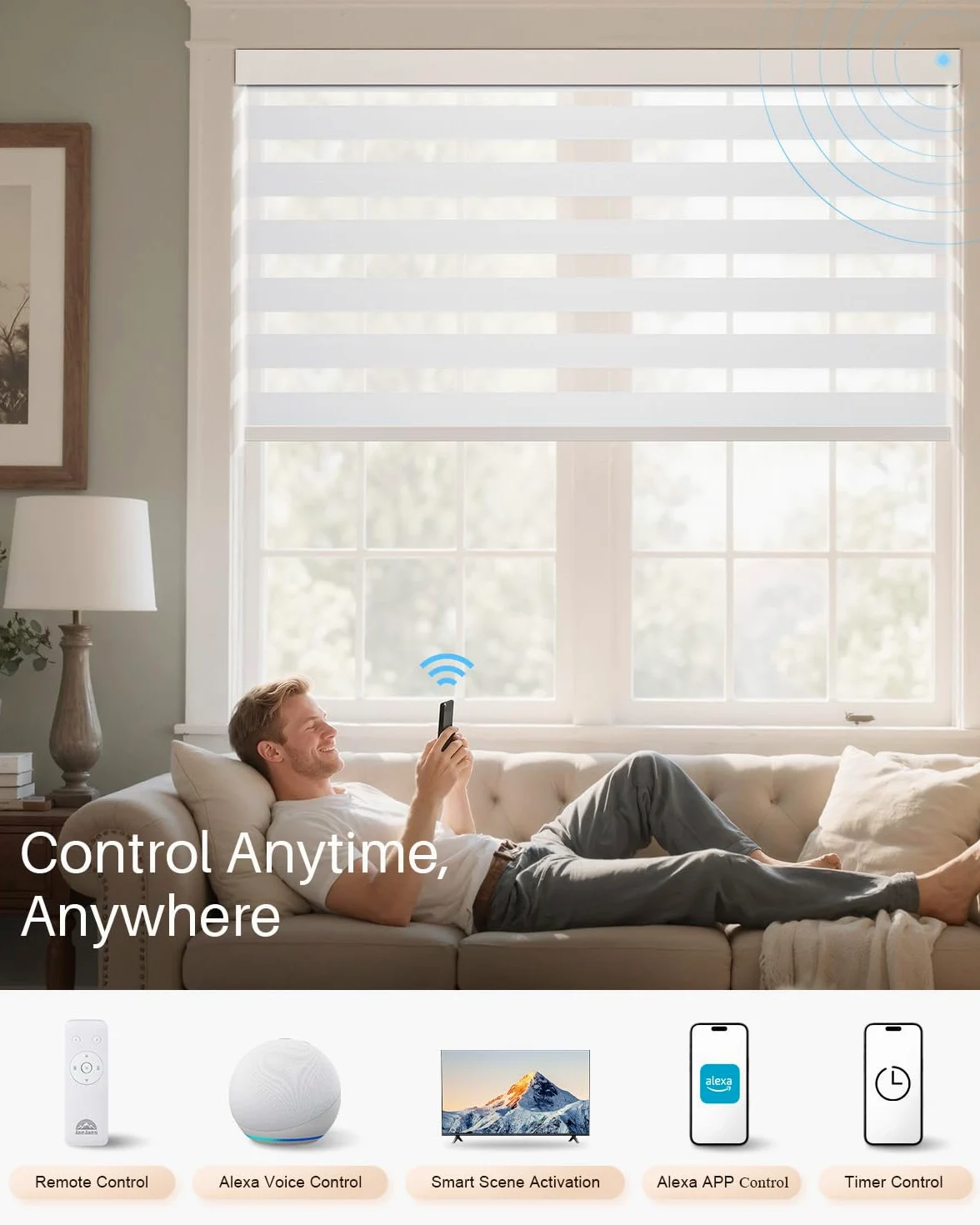 Tende Zebra Intelligenti per Finestre, Tende Elettriche Alexa con Telecomando, Tende Automatiche per Finestre Interne con Filtraggio della Luce e Protezione della Privacy (80L x 183A cm