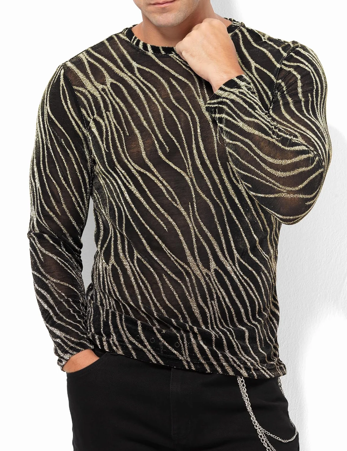 Casey Kevin Maglia Rete Uomo Manica Lunga Glitter Trasparente Sexy Camicia Body Maglietta Paillettes Discoteca Abbigliamento Mesh Shirt Fishnet Trasparenti Vedere Attraverso Tops Clubwear Party Night