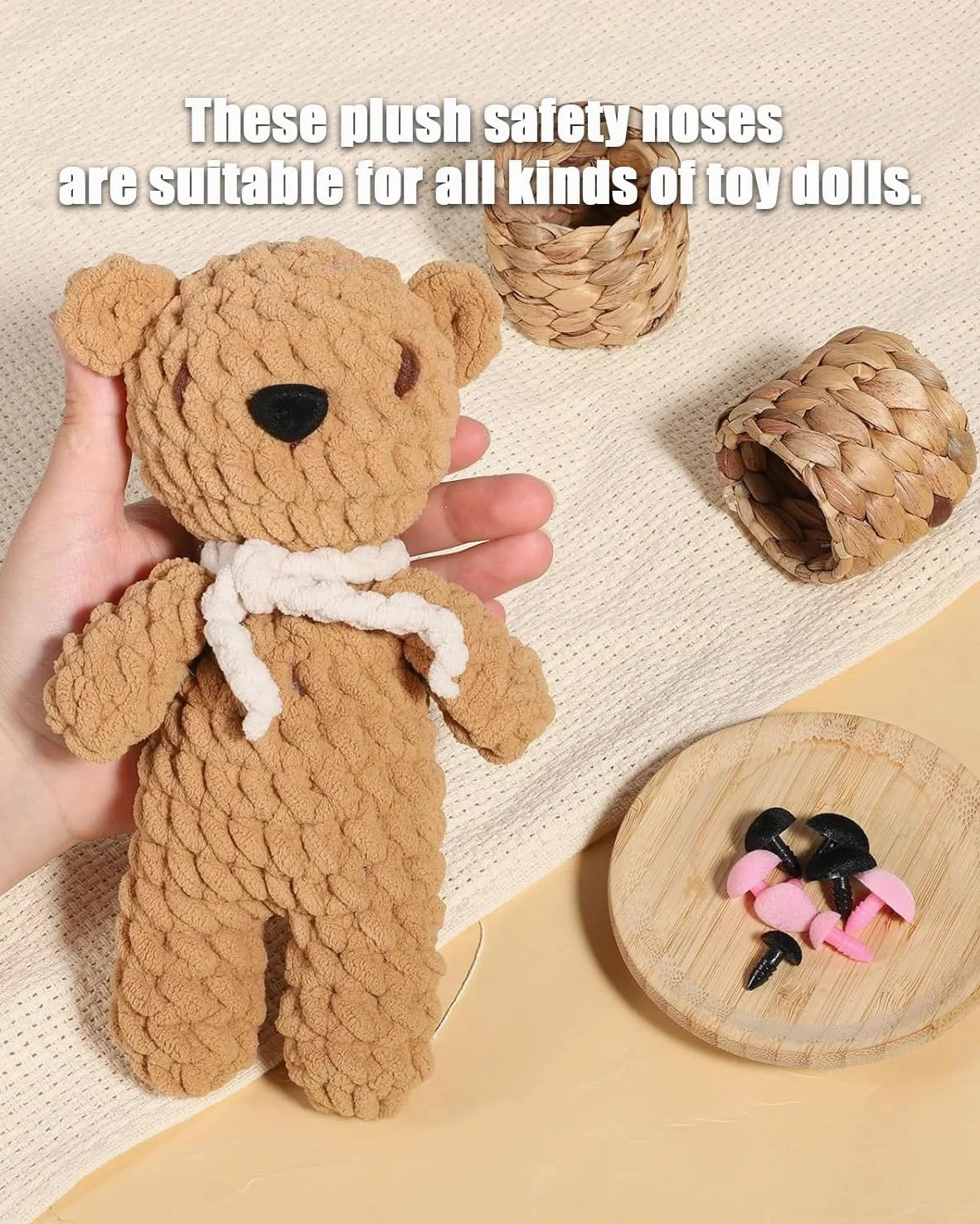 32 Pezzi Nasi di Sicurezza per Animali all'Uncinetto, Naso con Floccatura di Sicurezza per Animali di Peluche Nero Rosa, Naso Giocattolo con Rondelle