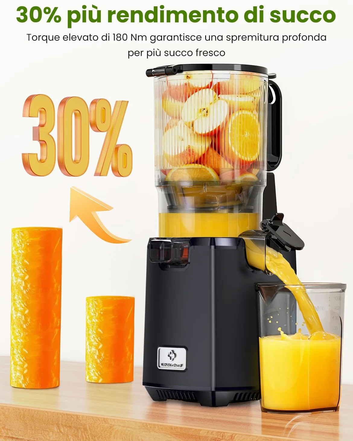 LINKChef Estrattore Frutta e Verdura, Estrattore di Succo a Freddo 250 W con Imboccatura Larga 13 cm, Juicer Machine Senza BPA, 1,8 L, Facile da Pulire, Ricette Incluse