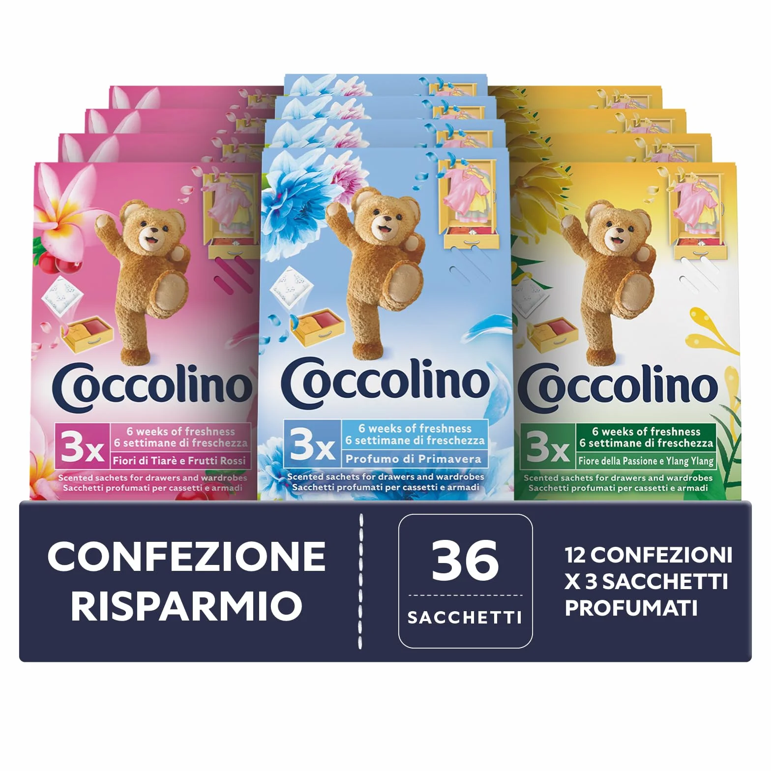 Coccolino Profuma Biancheria, 3 Sacchetti per Ogni Confezione di Fragranze Assortite, Profumo Primavera, Fiori di Tiarè & Frutti Rossi, Ylang Ylang, Confezione da 12 per un Totale di 36 Sacchettini