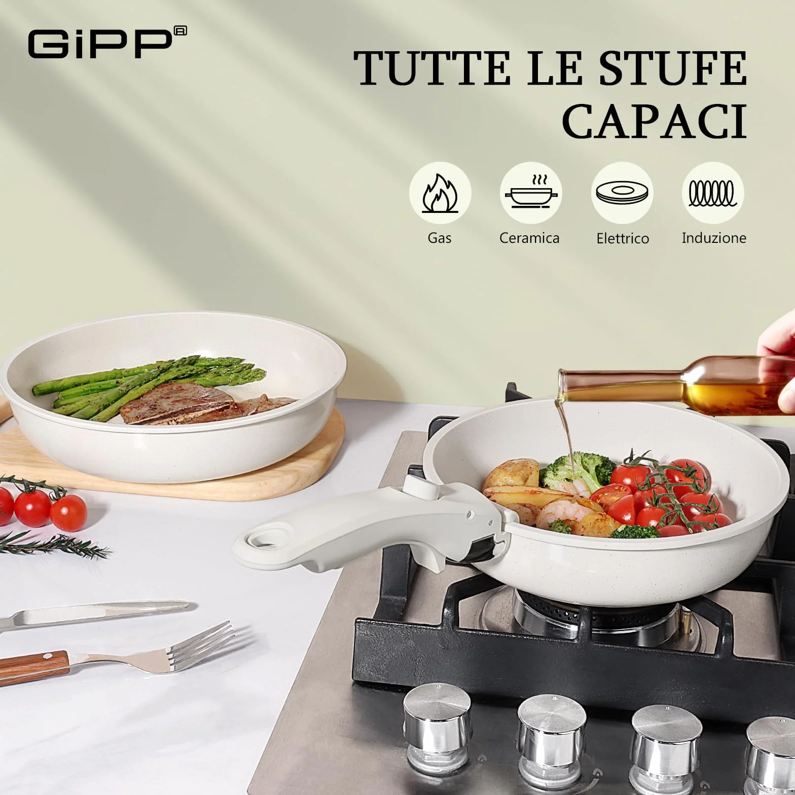 GiPP Set Pentole Padelle Ceramiche Antiaderenti 11 Pezzi Manico Amovibile Compatibile Induzione Forno Lavastoviglie Bianco