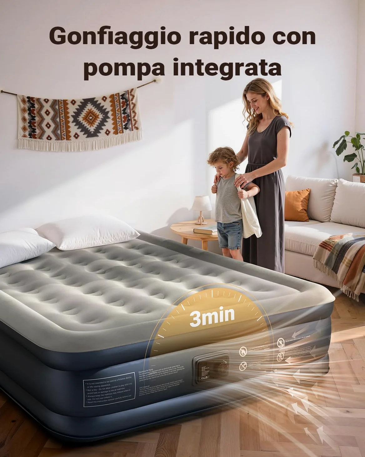 iDOO Letto Gonfiabile Matrimoniale, Auto Gonfiamento/Sgonfiamento Rapido in 3 Minuti, Materasso Matrimoniale Gonfiabile con Pompa Integrata, Materasso Gonfiabile per Ospiti-152x203x38 cm
