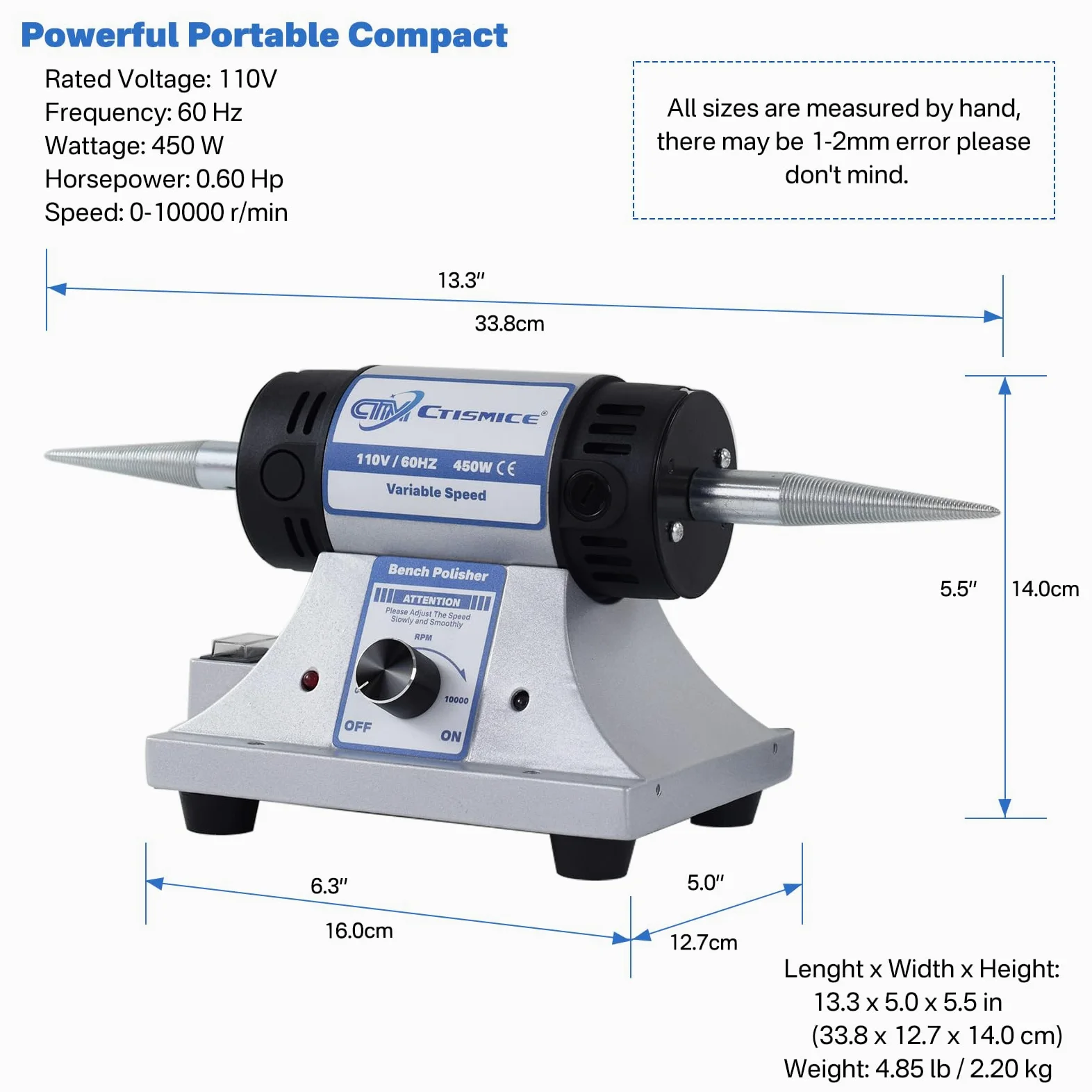 Lucidatrice da banco per gioielli, lucidatrice da tavolo a velocità variabile regolabile, smerigliatrice buffer da 450 W con 8 ruote lucidanti, 2 pezzi di composto lucidante, occhiali da