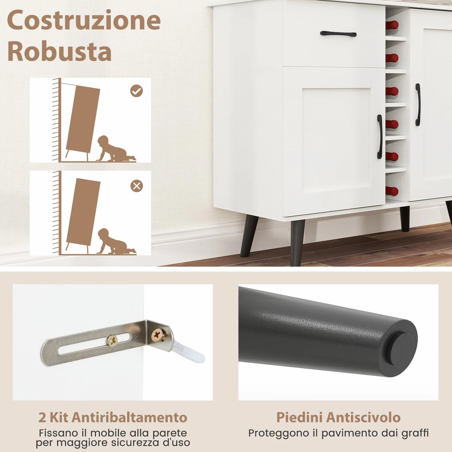 RELAX4LIFE Mobile Bar per Vino, Credenza con 2 Ante e 1 Cassetto, Porta Bottiglie da 6, Ripiani Regolabili, Credenza con Spazio per Vino per Cucina, Sala da Pranzo, Soggiorno