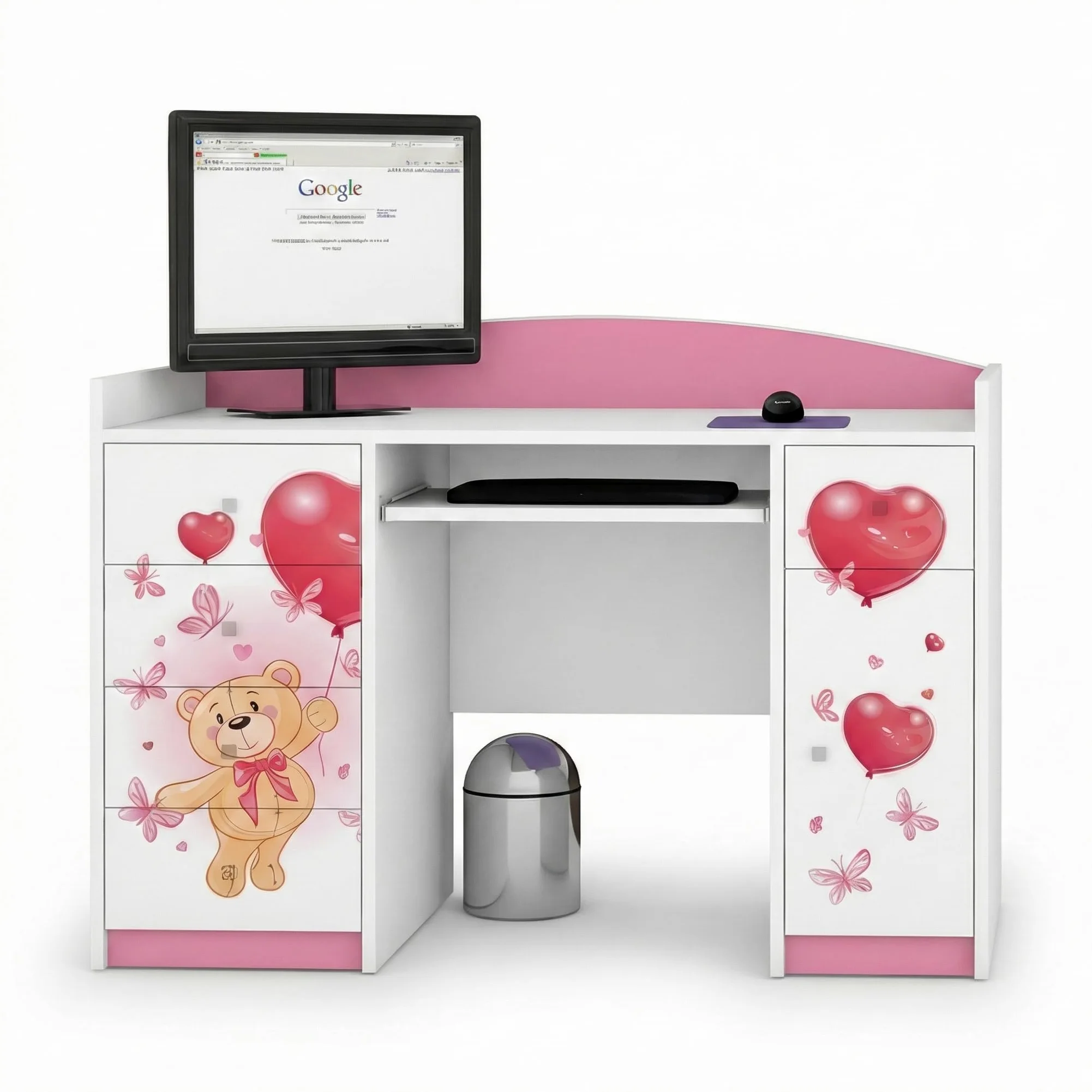 Happy Babies Scrivania per bambini con 5 cassetti, colore bianco, blu, 125 x 89 x 60 cm, scrivania per computer con ripiano per tastiera, per cameretta dei bambini, motivo orsacchiotto