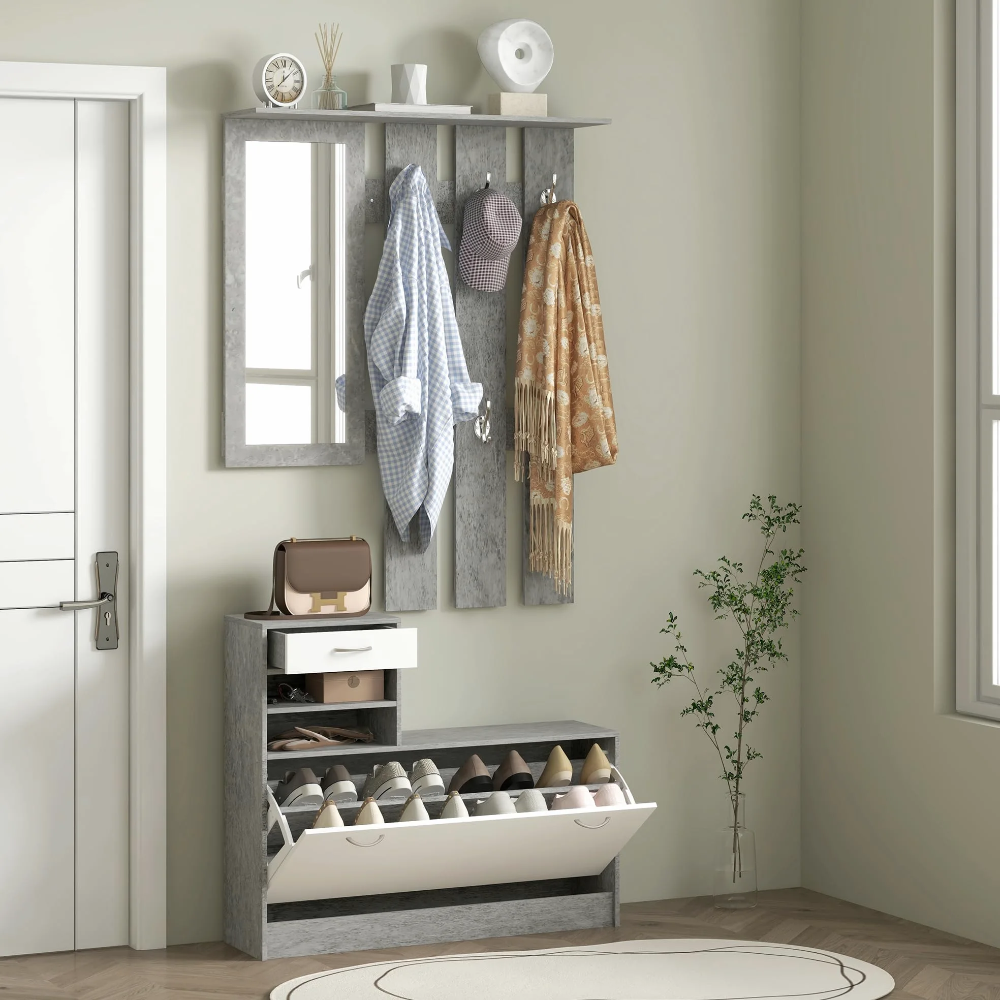 HOMCOM Set Mobili Ingresso Moderno con Scarpiera e Specchio, Appendiabiti da Ingresso con 6 Ganci, 2 Ripiani Regolabili e Cassetti in Legno per Corridoio, Bianco e Grigio Chiaro