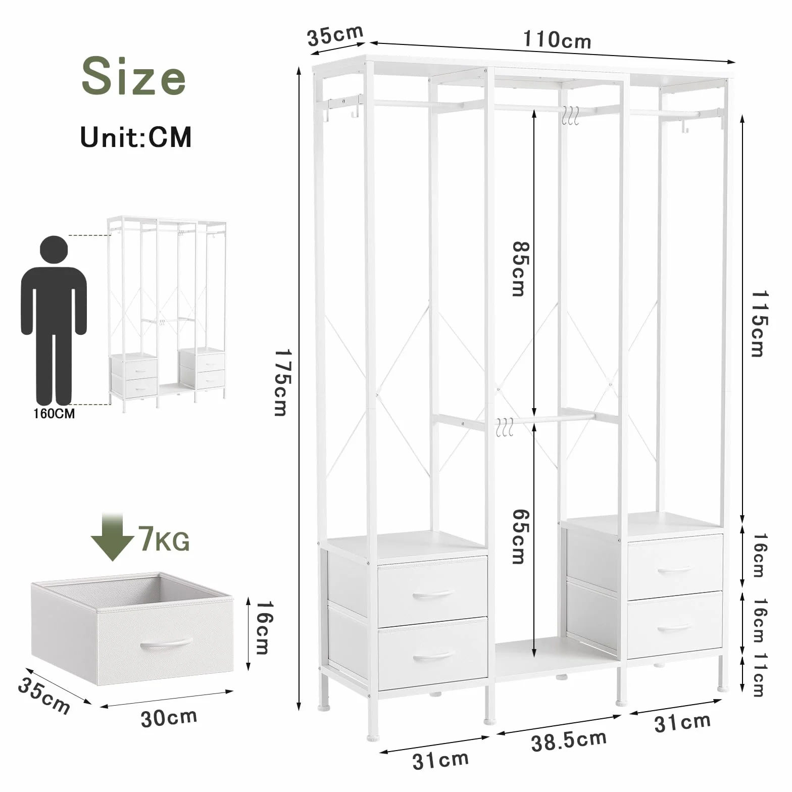 Stand Appendiabiti, Cabina Armadio con 3 Barre e 4 cassetti, Appendiabiti con 4 Ganci Rimovibili, Armadio Aperto Moderno, per Camera da Letto o Ingresso, Bianco