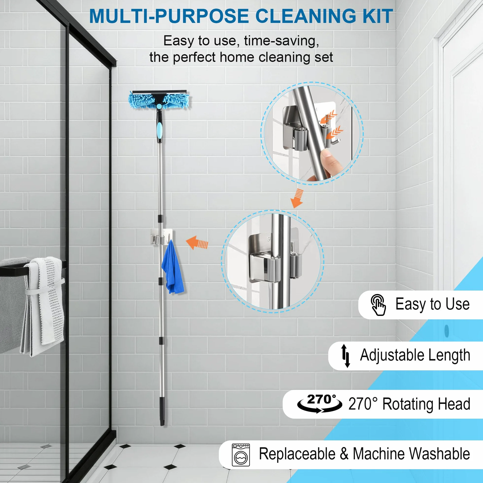Lavavetri 3 in 1 Professionale con Manico Telescopico 170 cm, Tergicristallo Staccabile per Vetri e Finestre Alte
