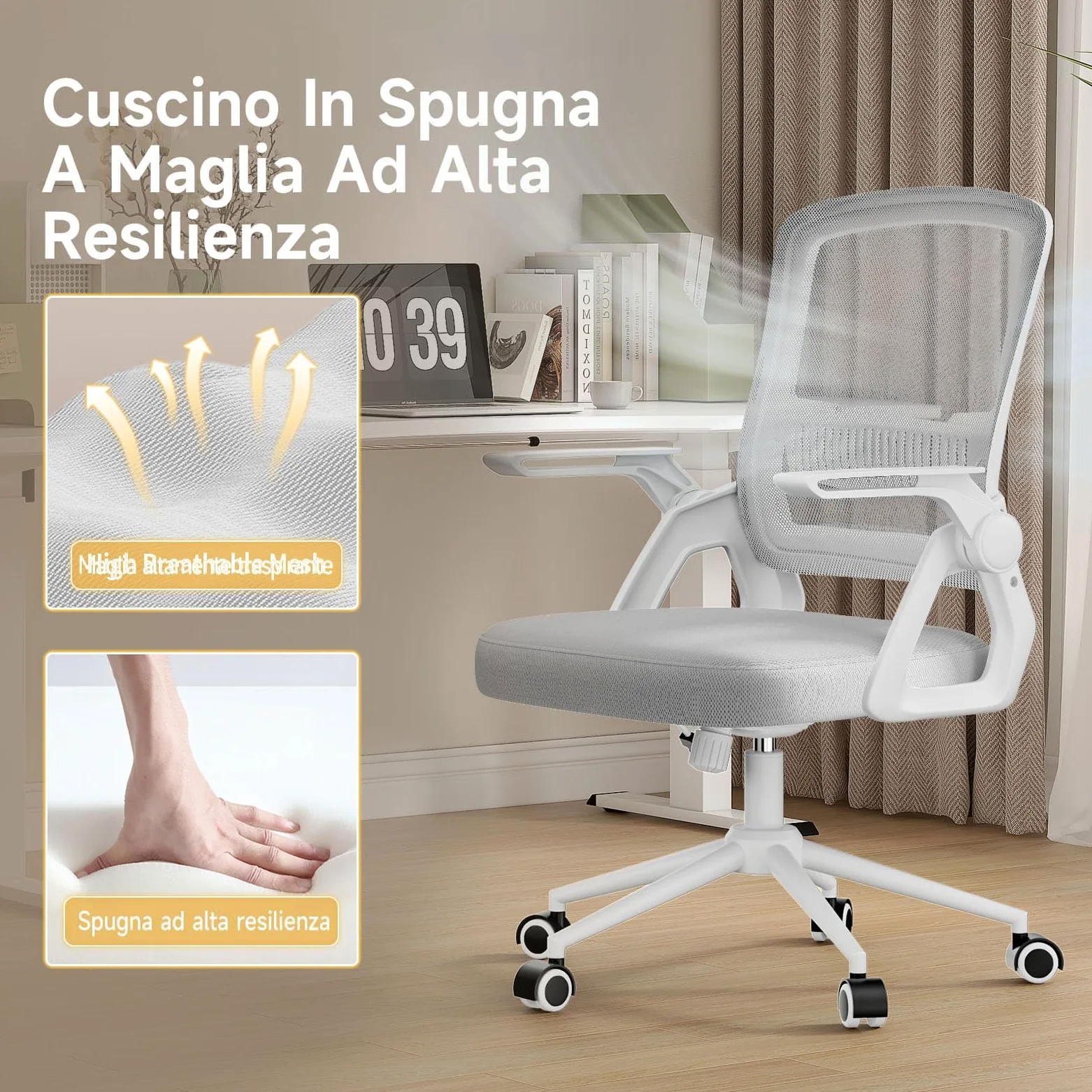 naspaluro Sedia da Ufficio Scrivania Ergonomica, Con Braccioli Pieghevoli, Altezza Regolabile, Seduta e Schienale in Rete Respirante, Girevole con Ruote, Funzione Oscillante Grigio