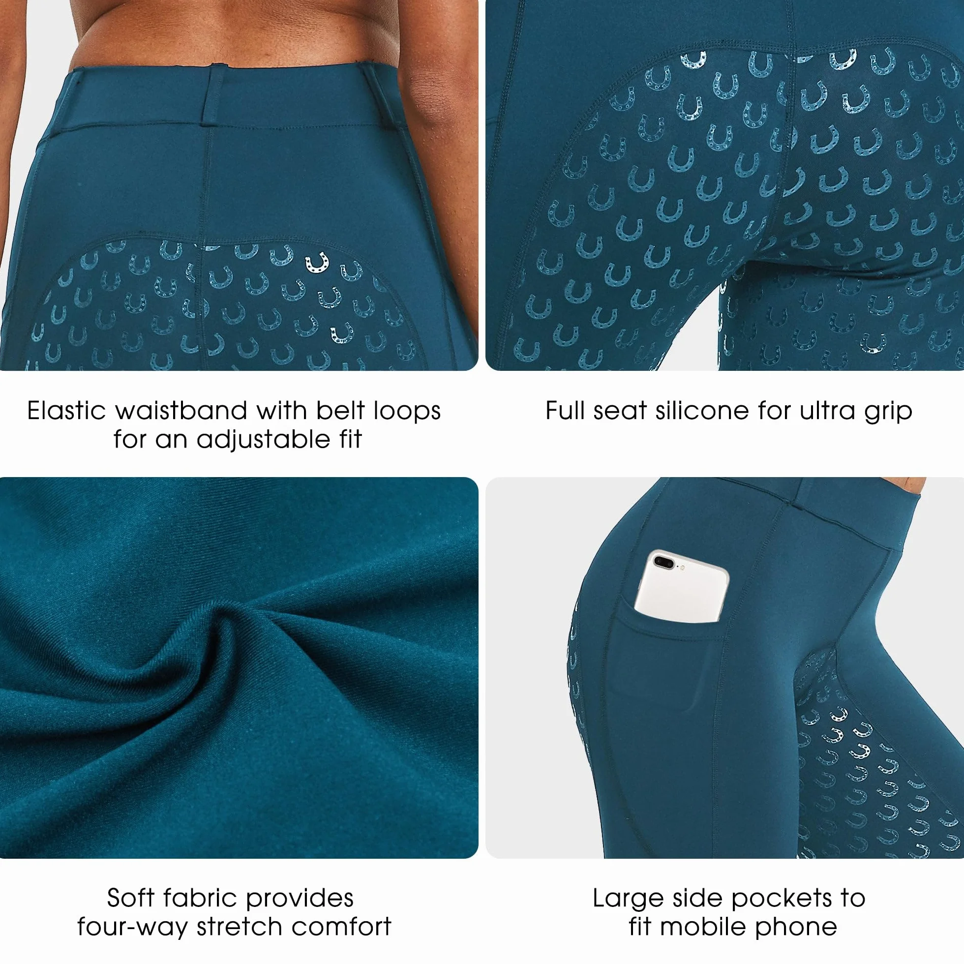 Leggings da Equitazione da Donna in Silicone con Tasca per Cellulare e Passanti per Cintura