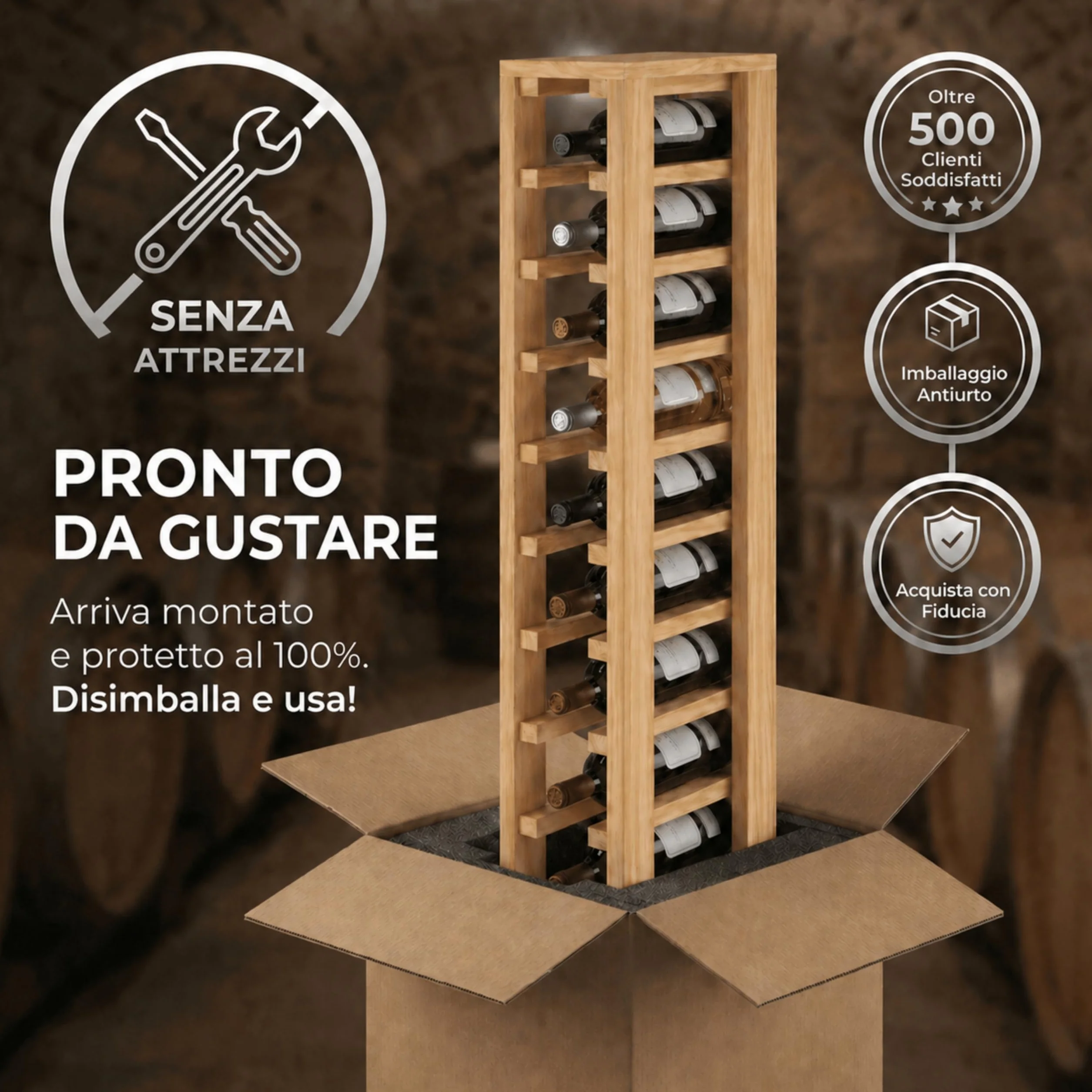 Portabottiglie in legno di quercia, 12 x 32 x 105 cm